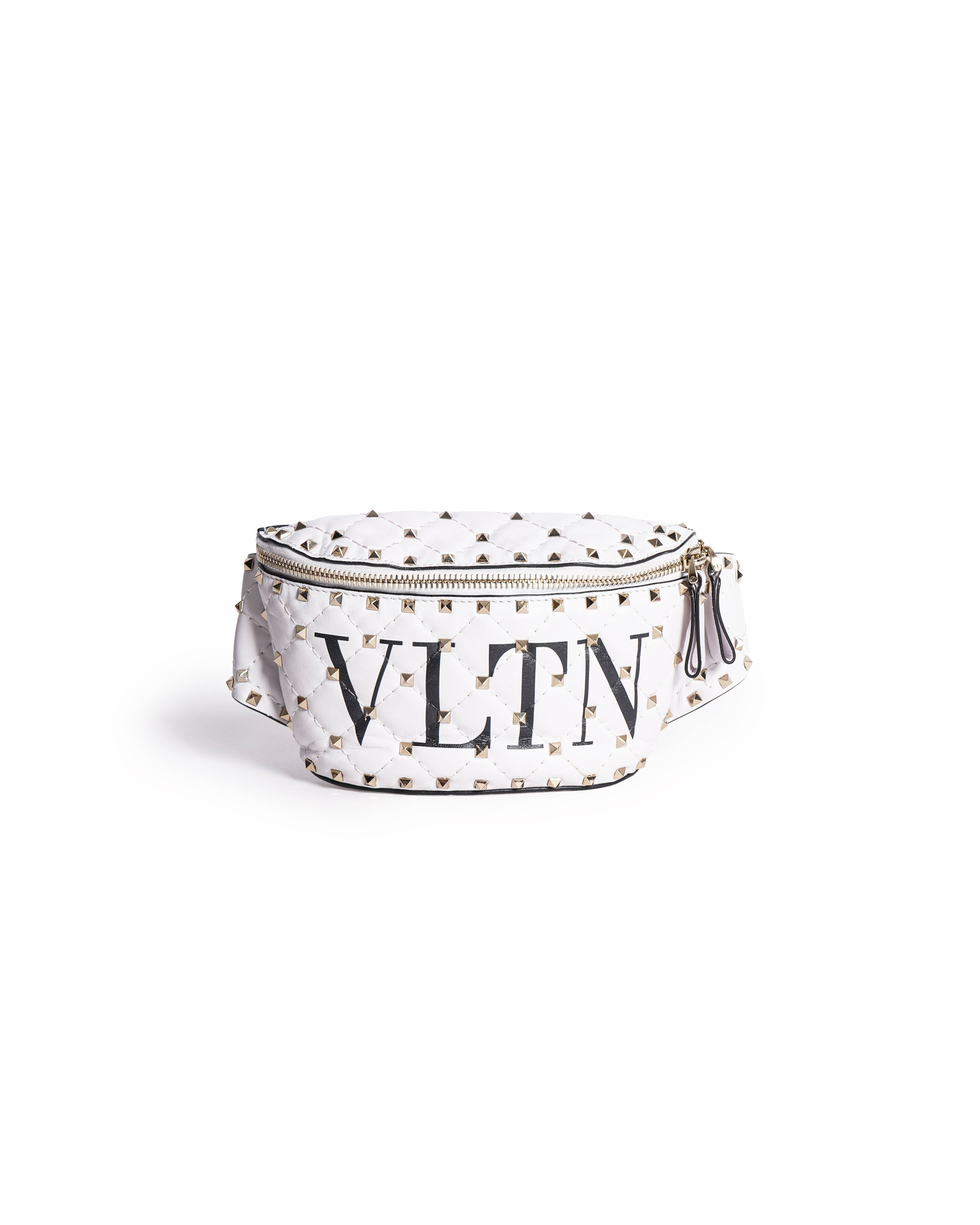 Valentino Garavani White Quilted Lambskin Leather VLTN Roskstud Spike Belt Bag