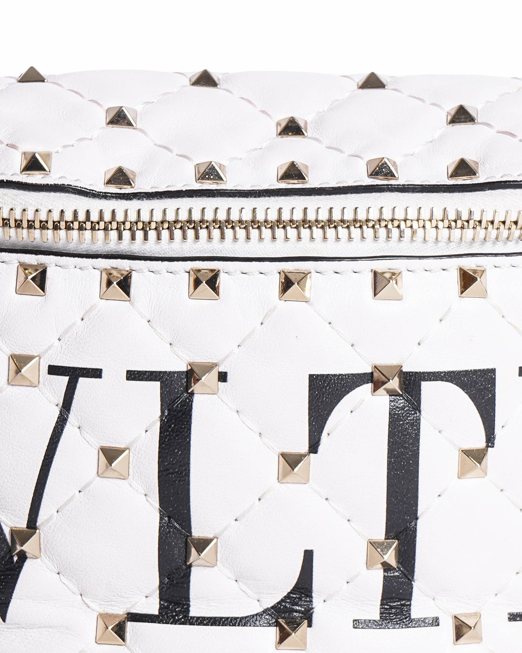 Valentino Garavani White Quilted Lambskin Leather VLTN Roskstud Spike Belt Bag