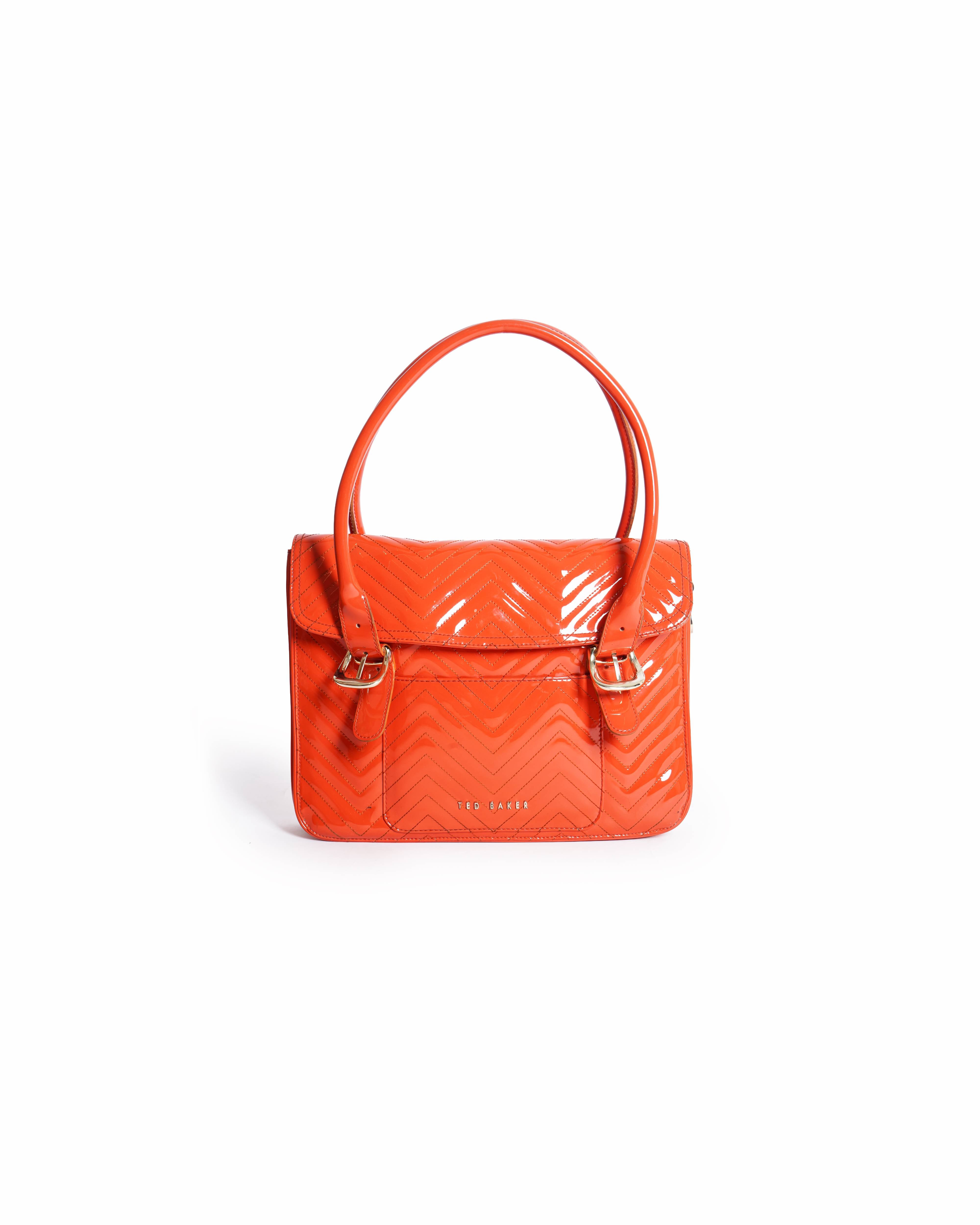Ted Baker Orange Tote Computer Hand Bag Faux Patent leather