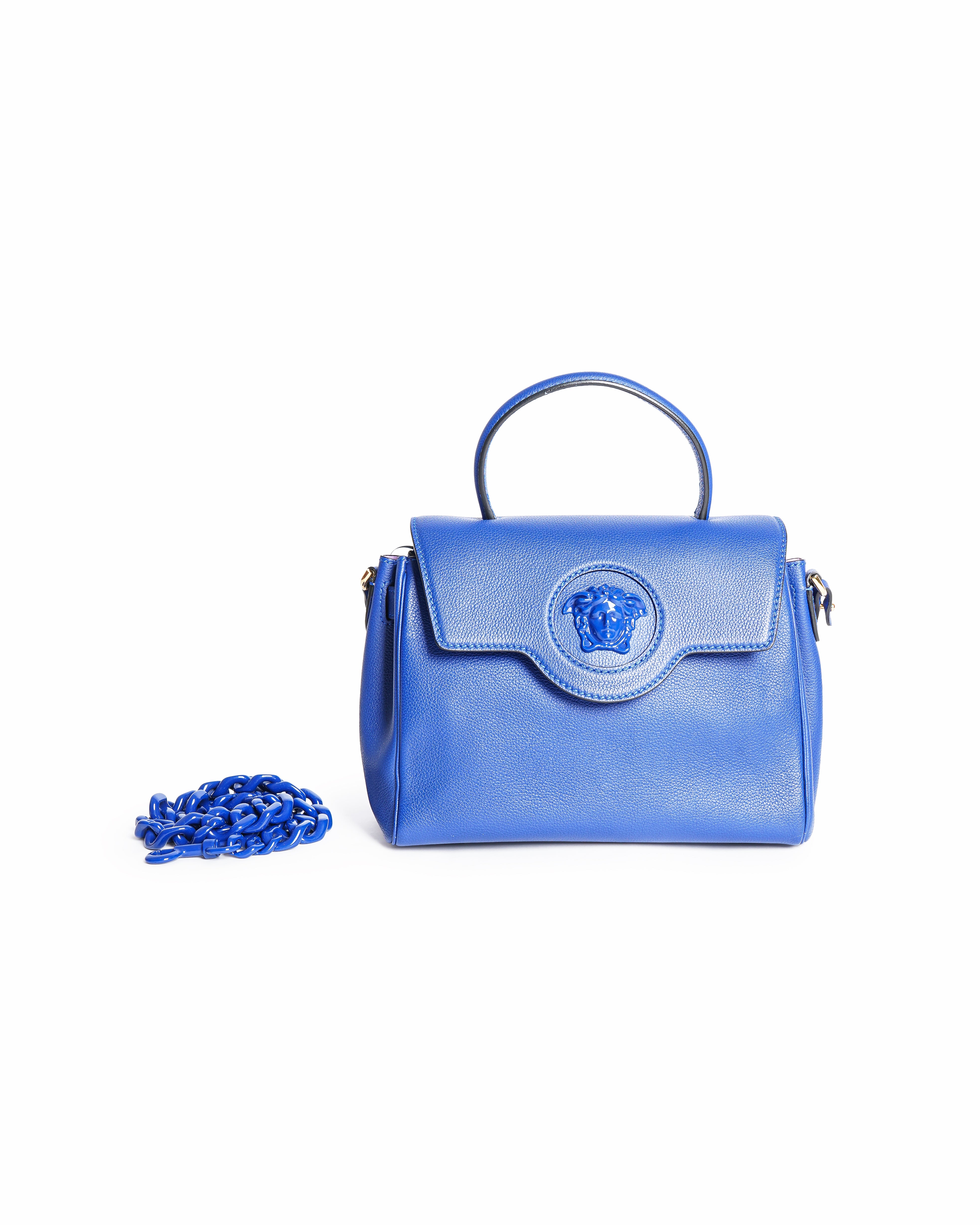 VERSACE Exclusive Calfskin Medium La Medusa Top Handle Handbag in Lapis
