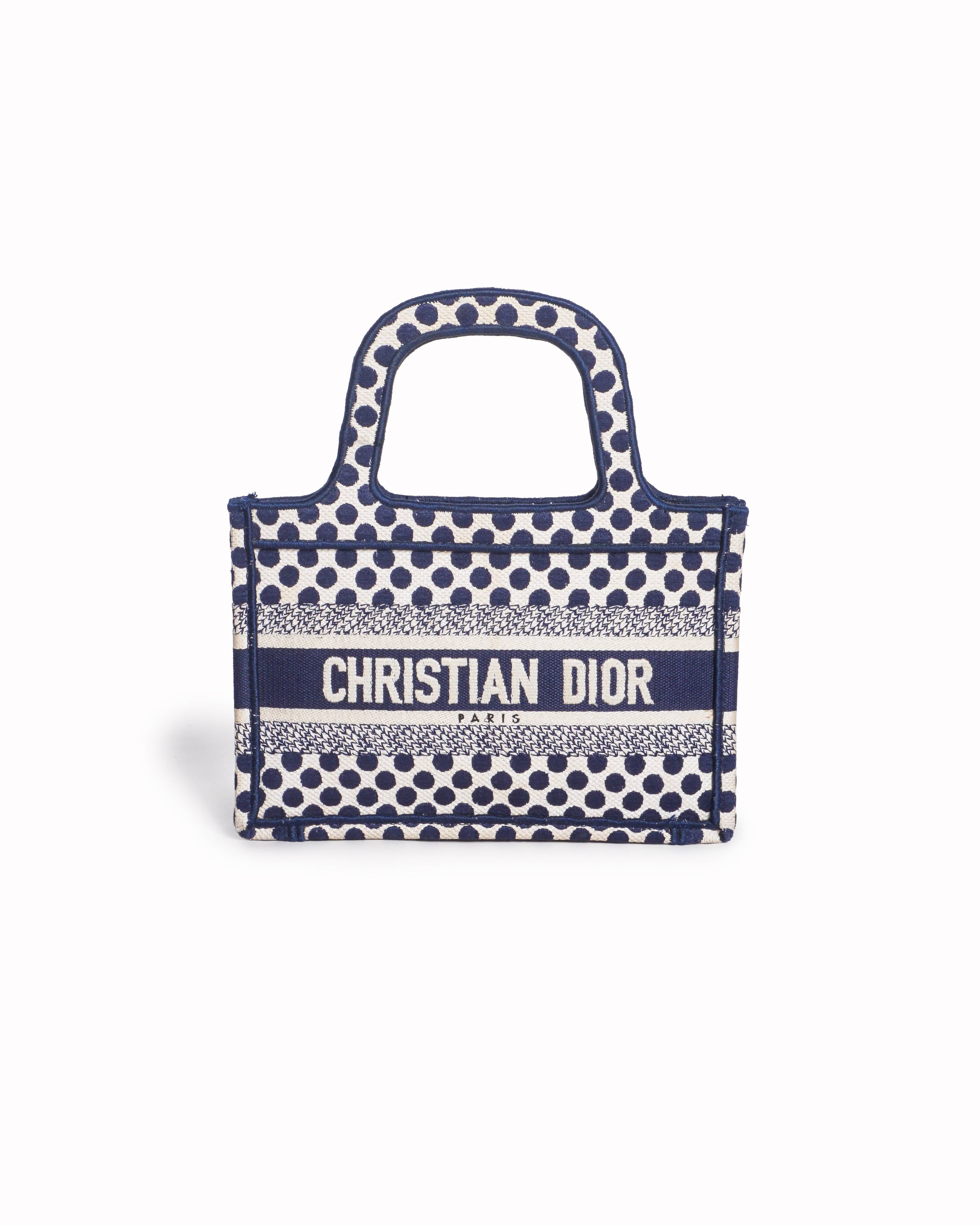 Christian Dior Blue & Cream Polka Dot Embroidered Canvas Mini Book Tote