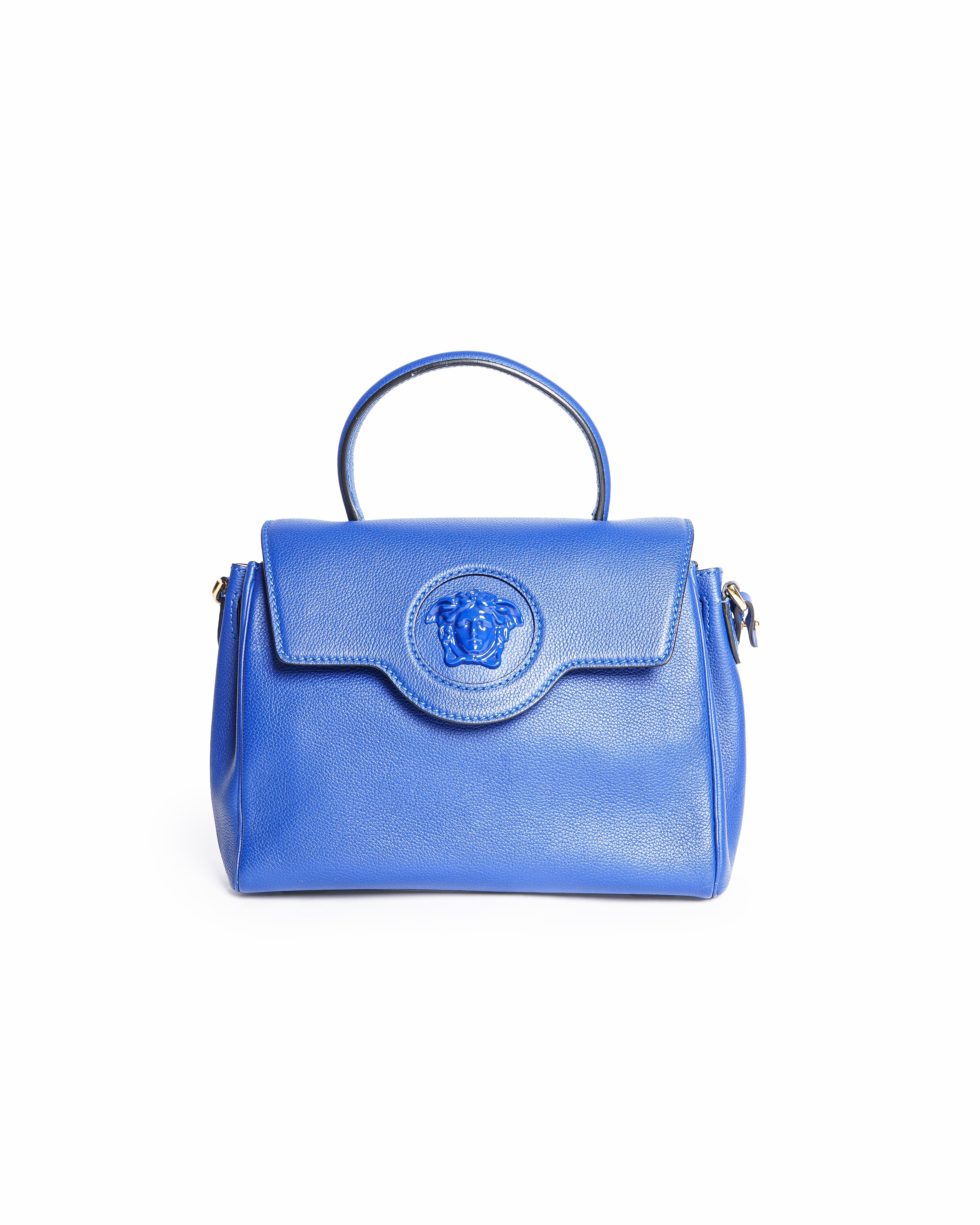 VERSACE Exclusive Calfskin Medium La Medusa Top Handle Handbag in Lapis