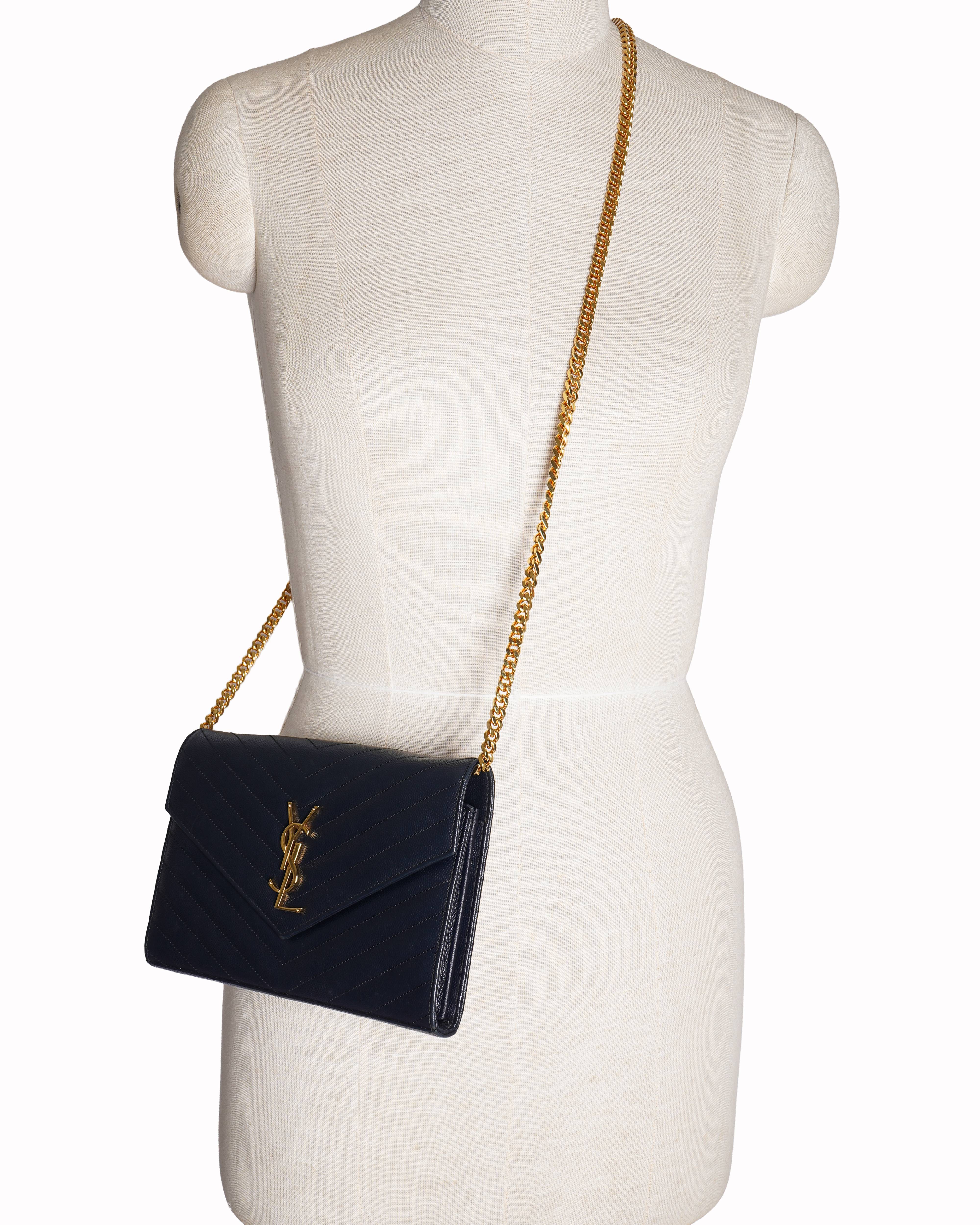 Saint Laurent Navy Blue Cassandre Envelope Wallet On Chain