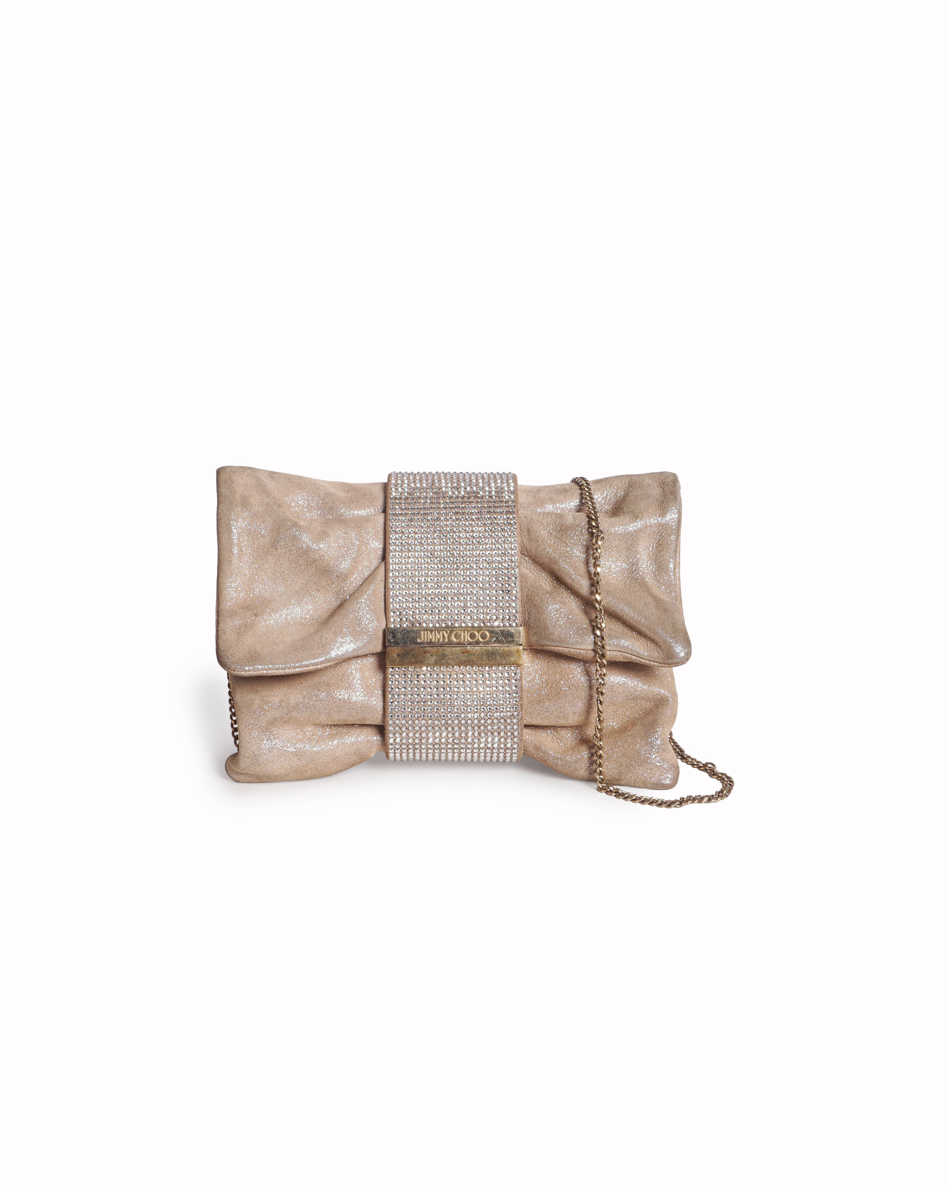 Jimmy Choo Chandra Champagne Gold Metallic Crystal Leather Clutch