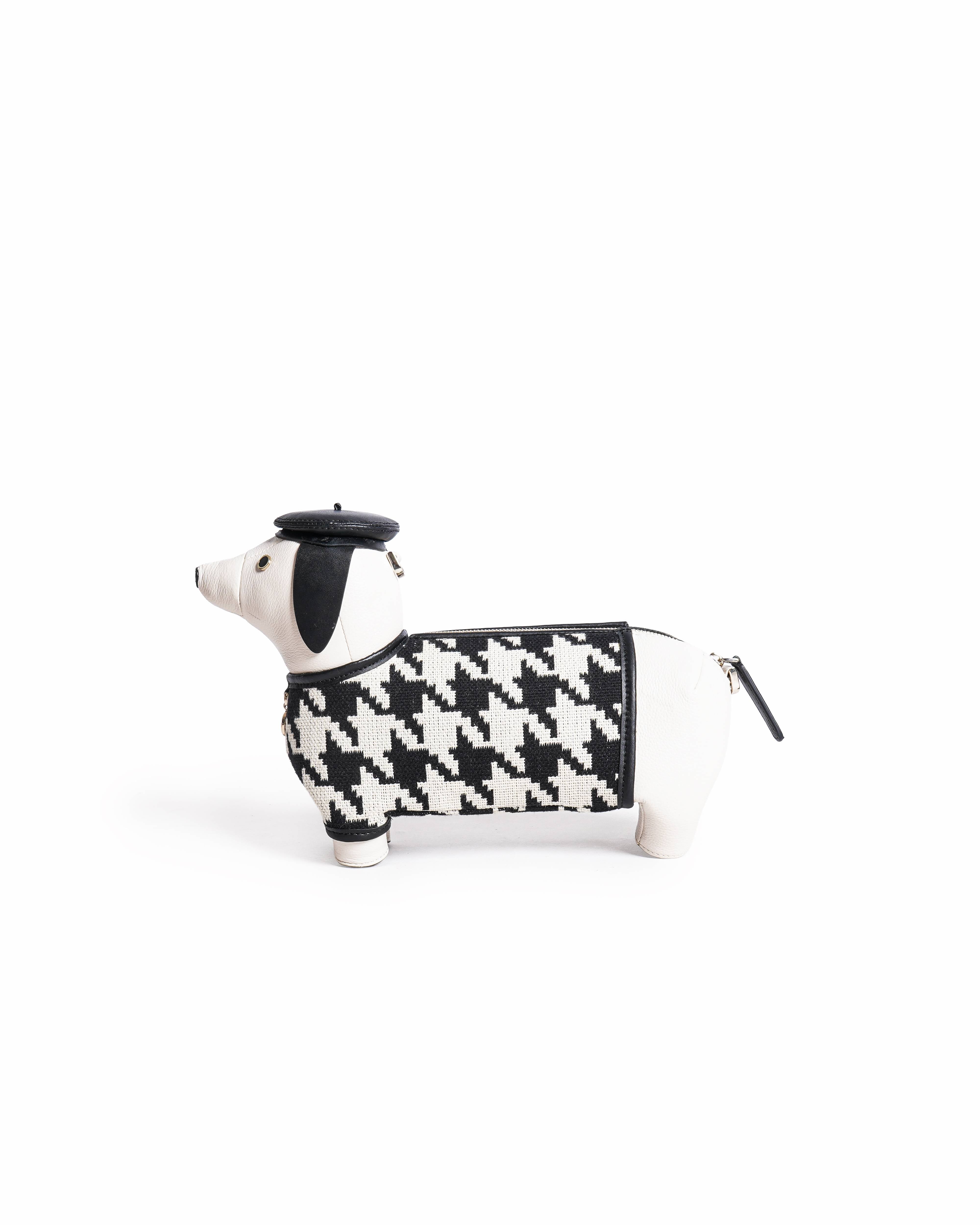 Kate Spade Claude Dog Dachshund Houndstooth Canvas Leather Crossbody Bag