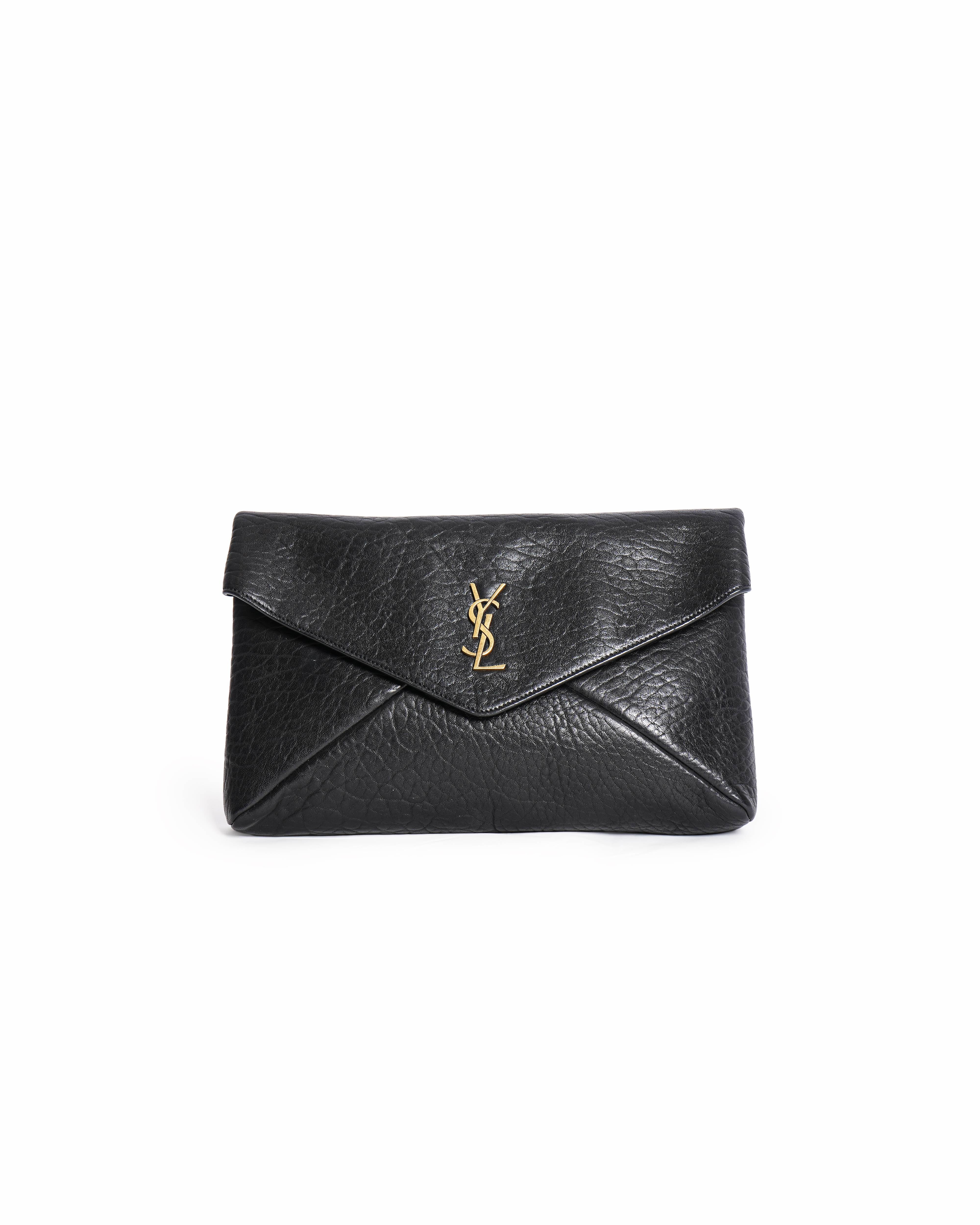 Saint Laurent Black Grained Leather Cassandre Envelope Clutch