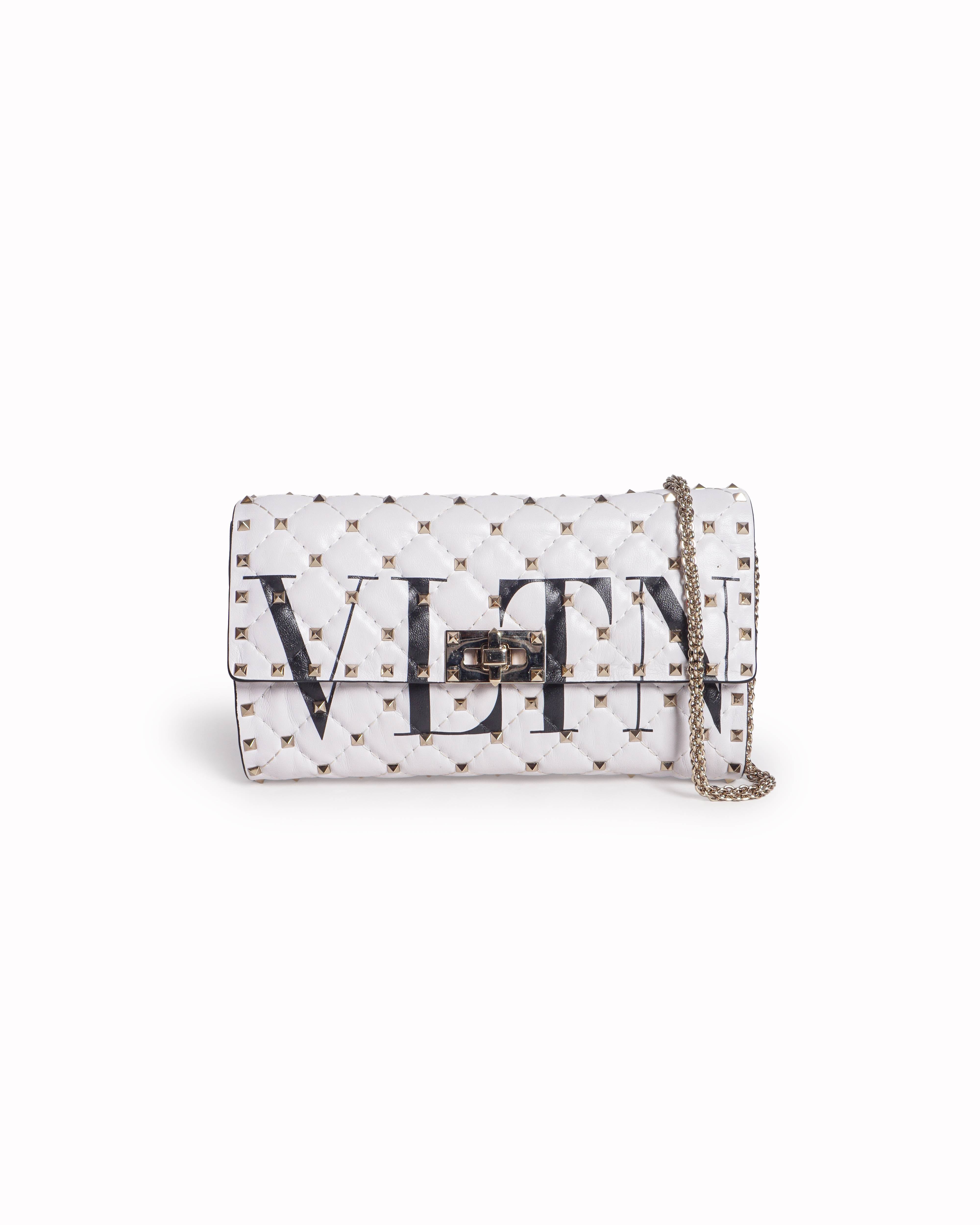 Valentino Garavani White VLTN Rockstud Spike Wallet on Chain