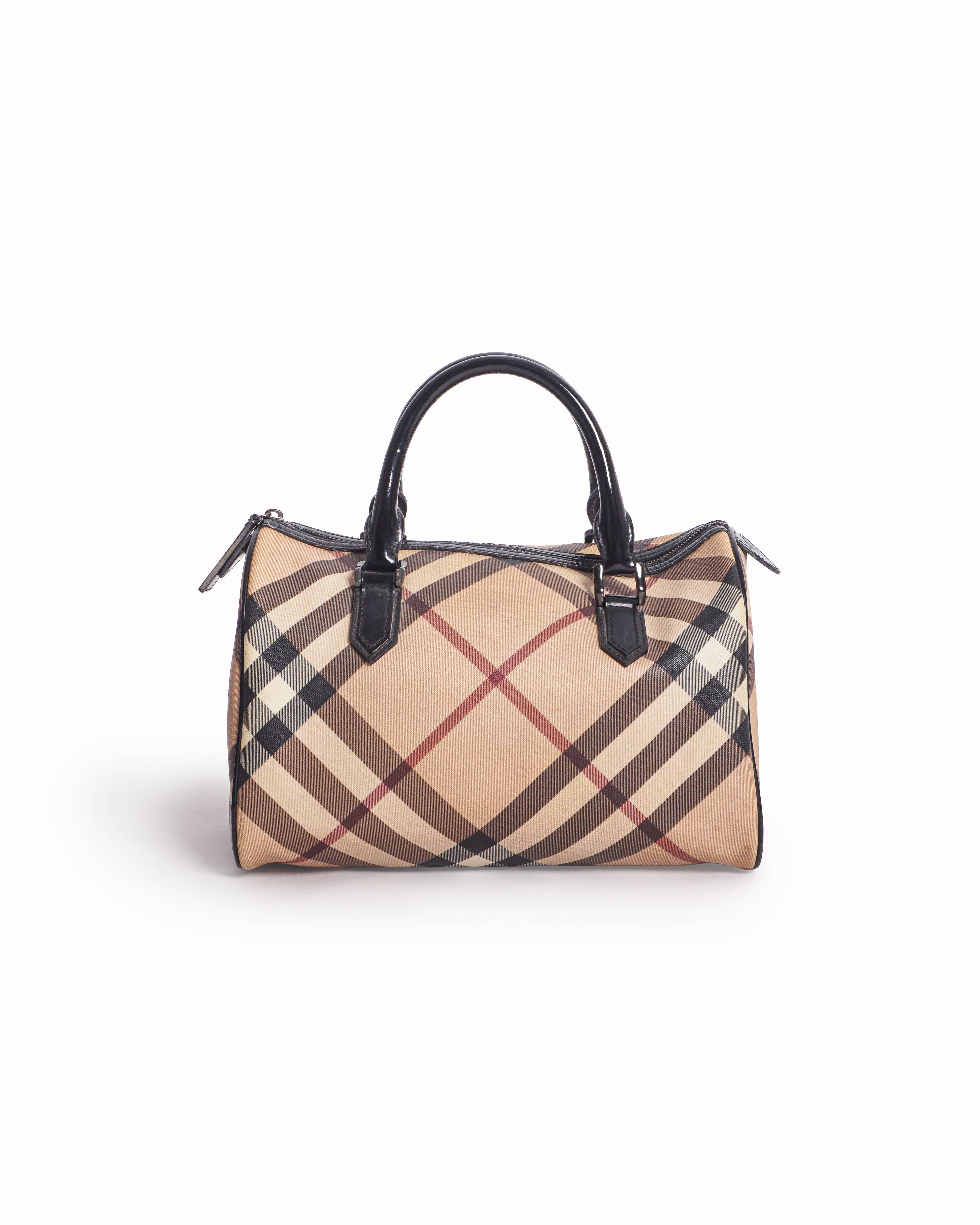 Burberry Black Patent Leather Trim Nova Check Boston Bag