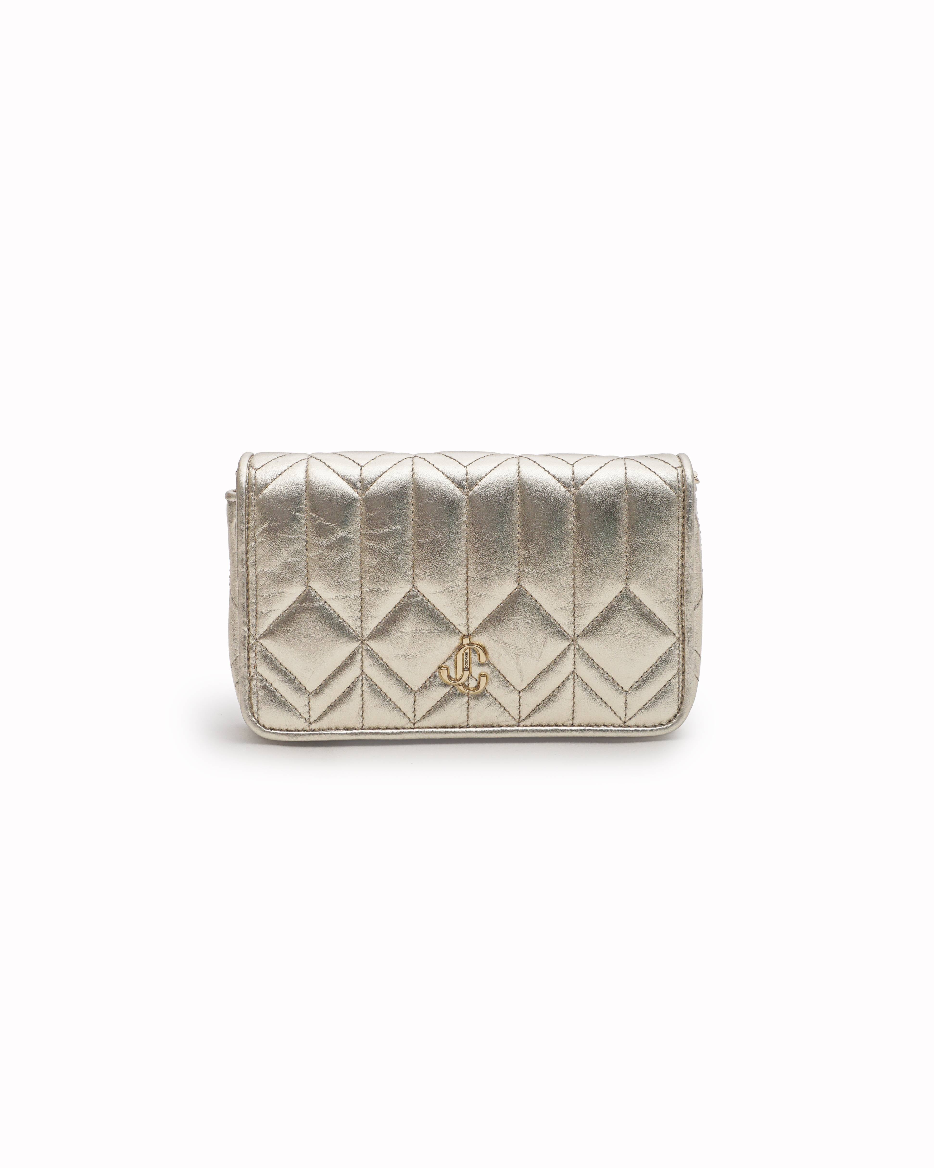 Jimmy Choo Metallic Gold Quilted Nappa Leather Wallet On Chain