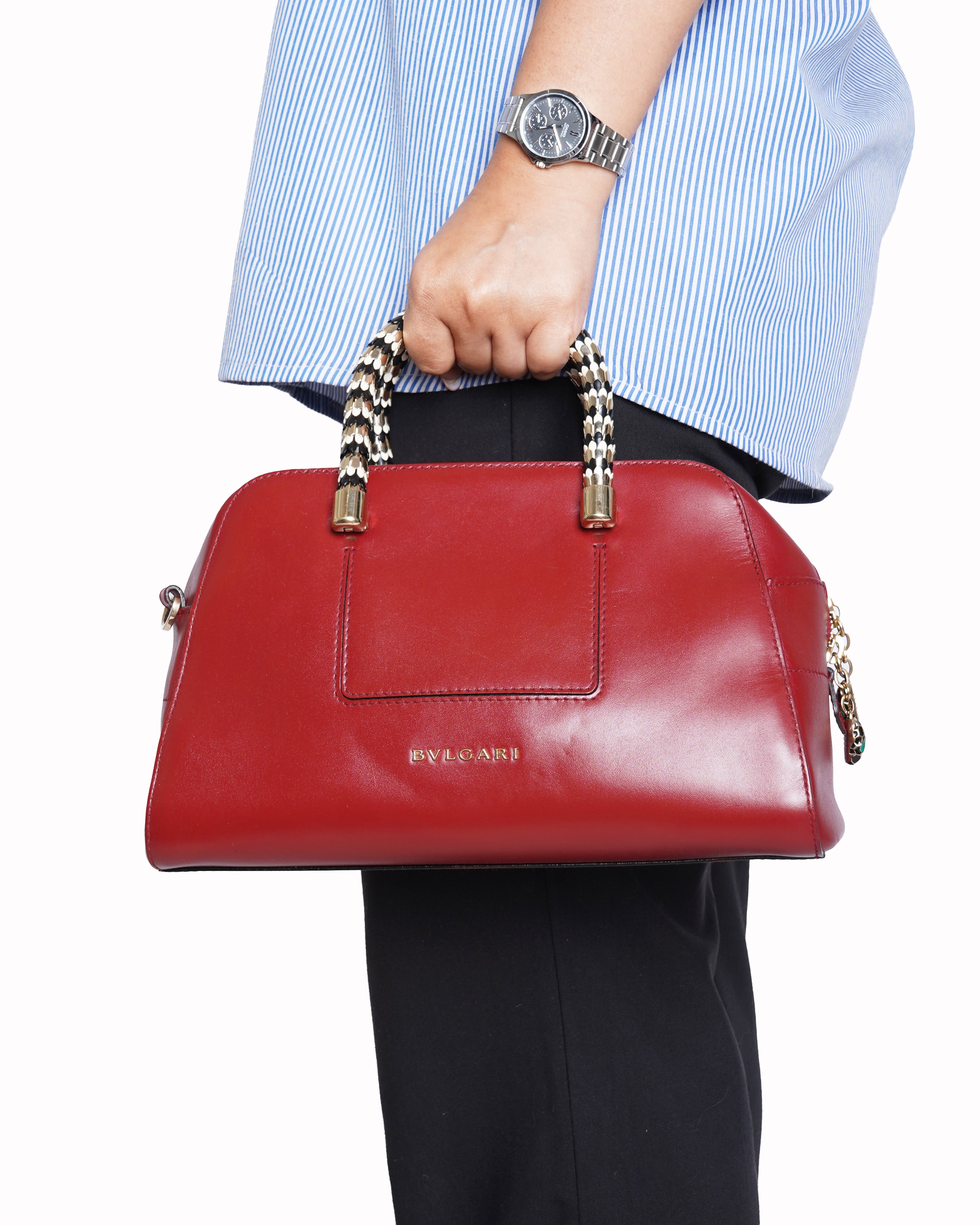 Bvlgari Red Leather Serpenti Scaglie Boston Bag
