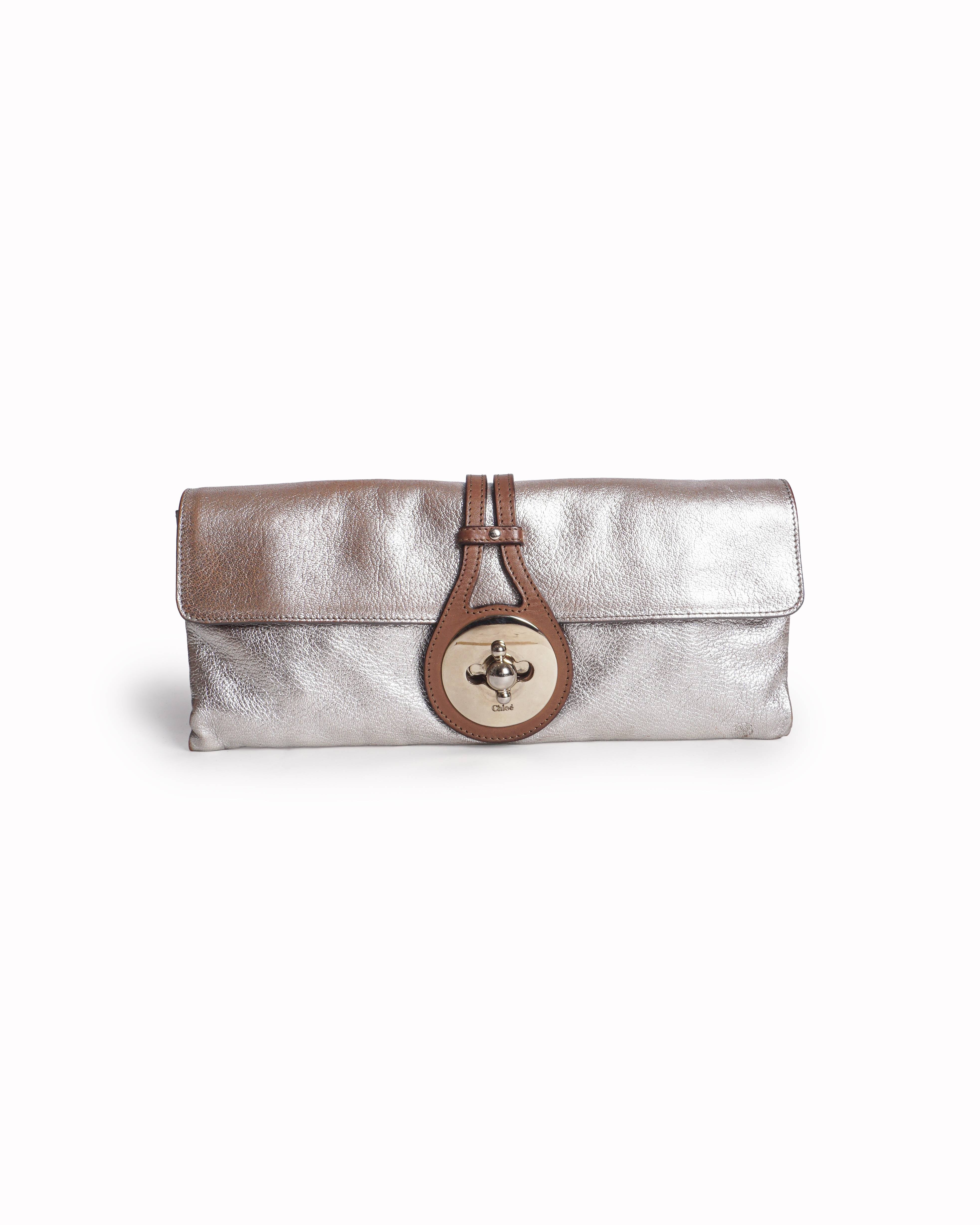 Chloé Elsie Metallic Silver Lambskin & Tan Leather Clutch