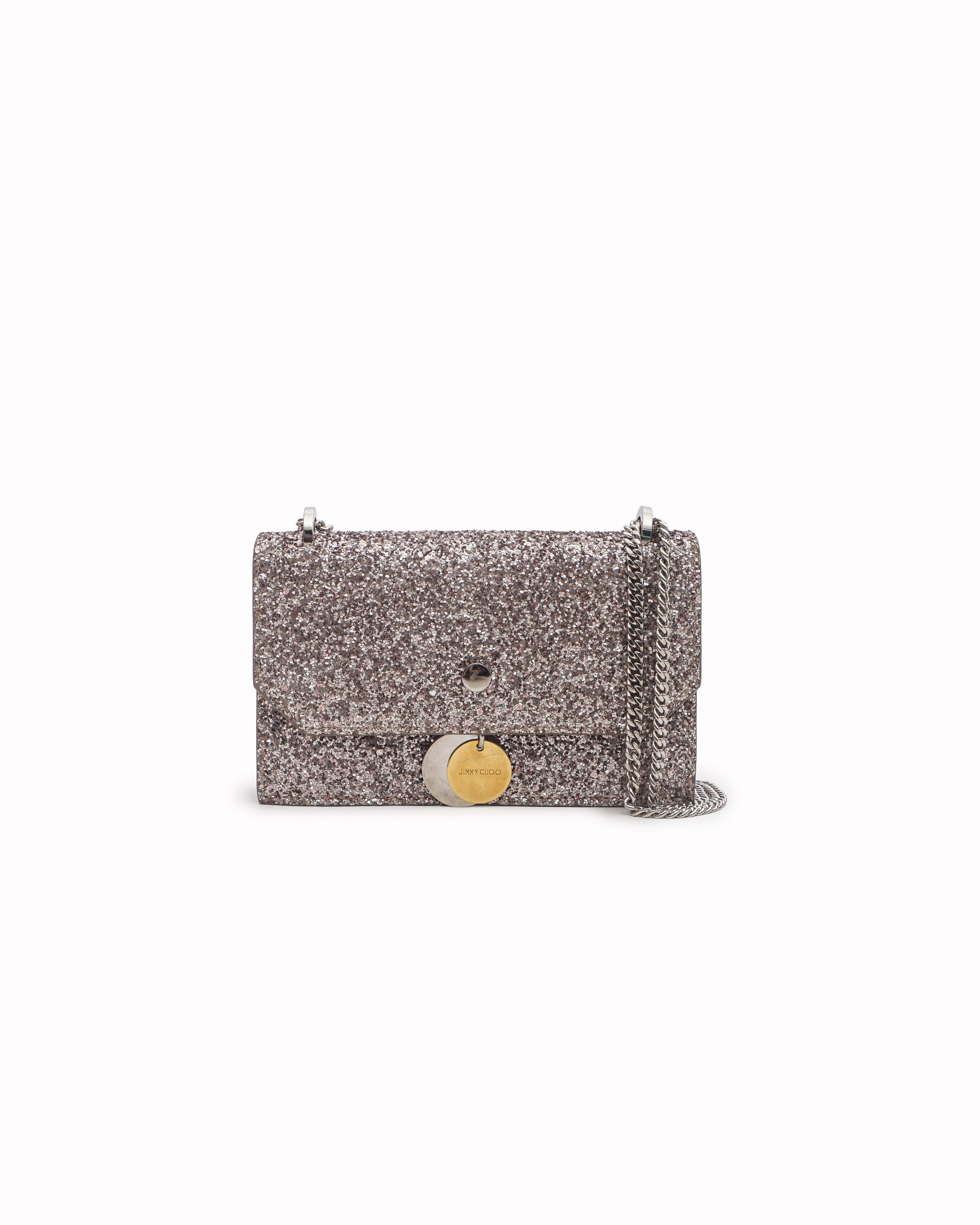 Jimmy Choo Rose Gold Coarse Glitter Mini Finley Flap Crossbody Bag