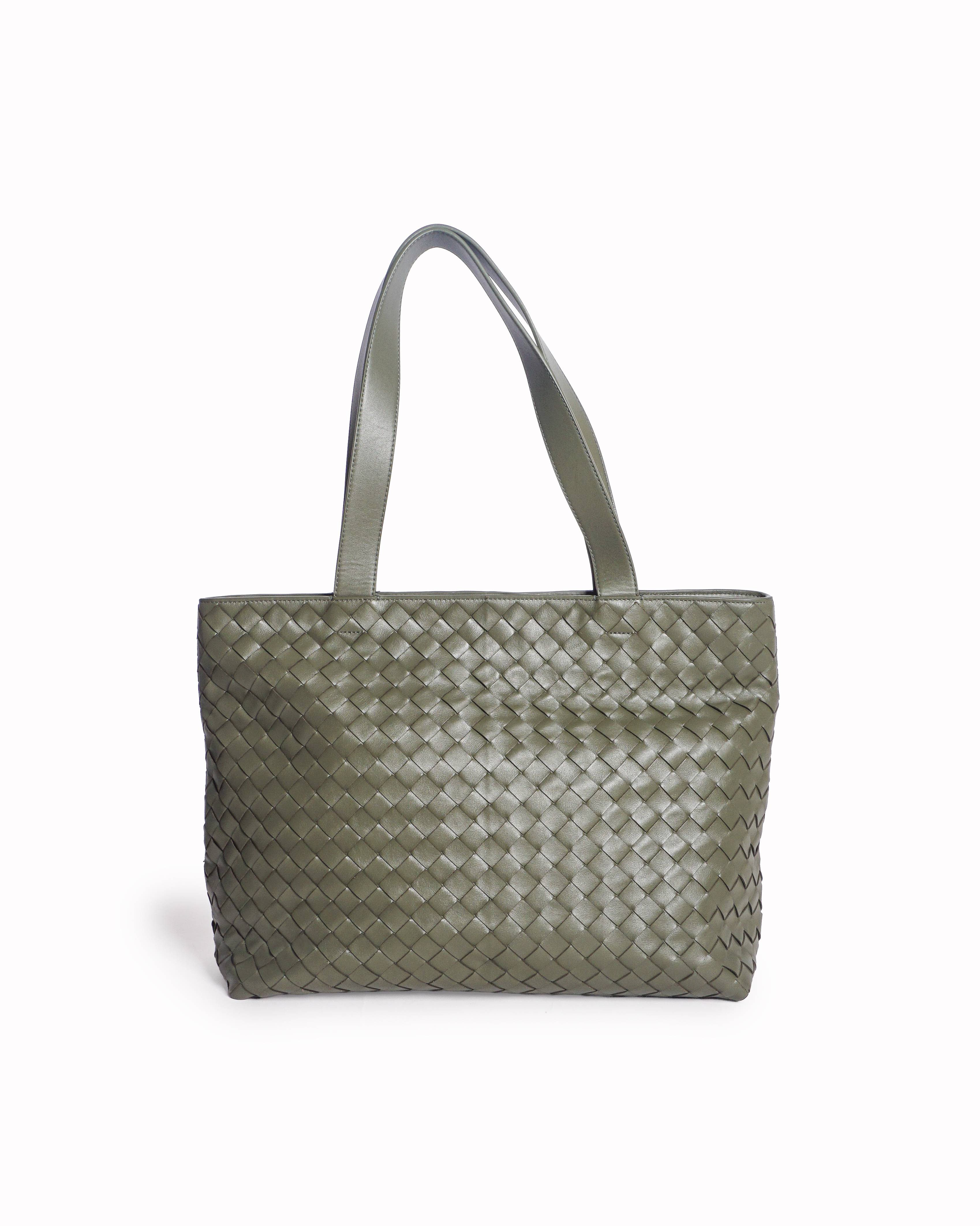 Bottega Veneta Olive Green Intrecciato Leather Zipped Tote Bag