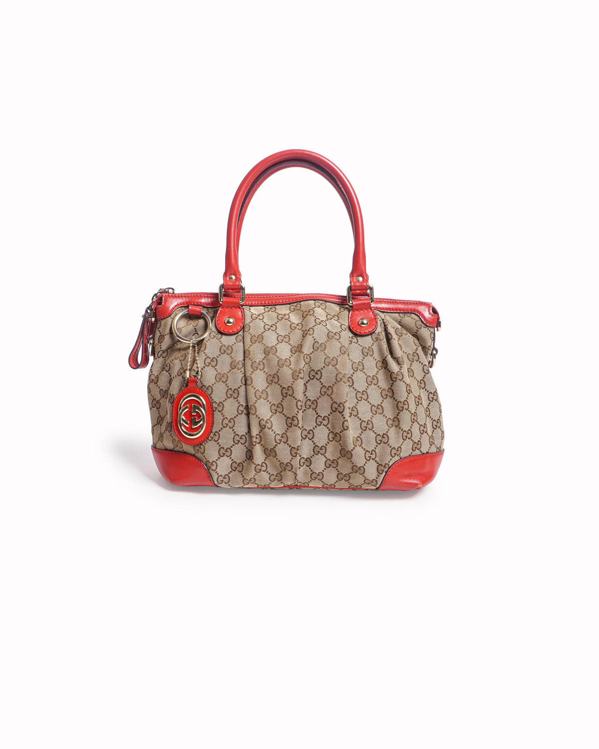 Gucci GG Canvas Sukey Satchel Red Leather Trim