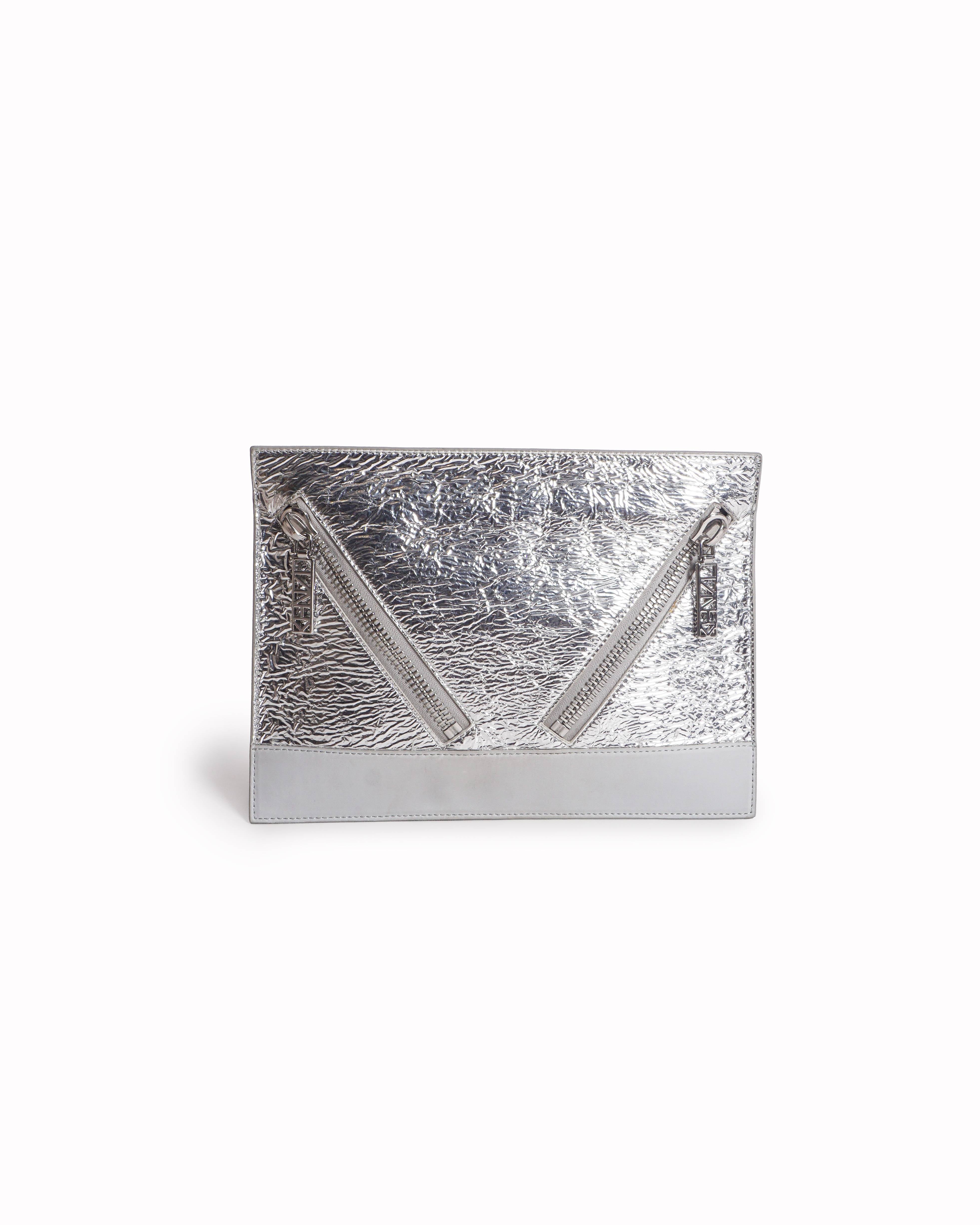 Kenzo Metallic Silver Crinkled Leather Moto Zip Clutch