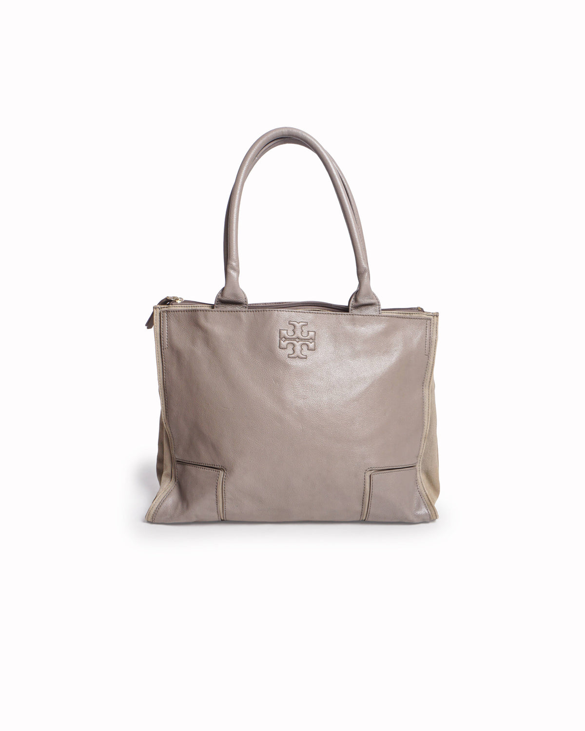 Tory Burch Ella Taupe Leather & Canvas Tote Bag
