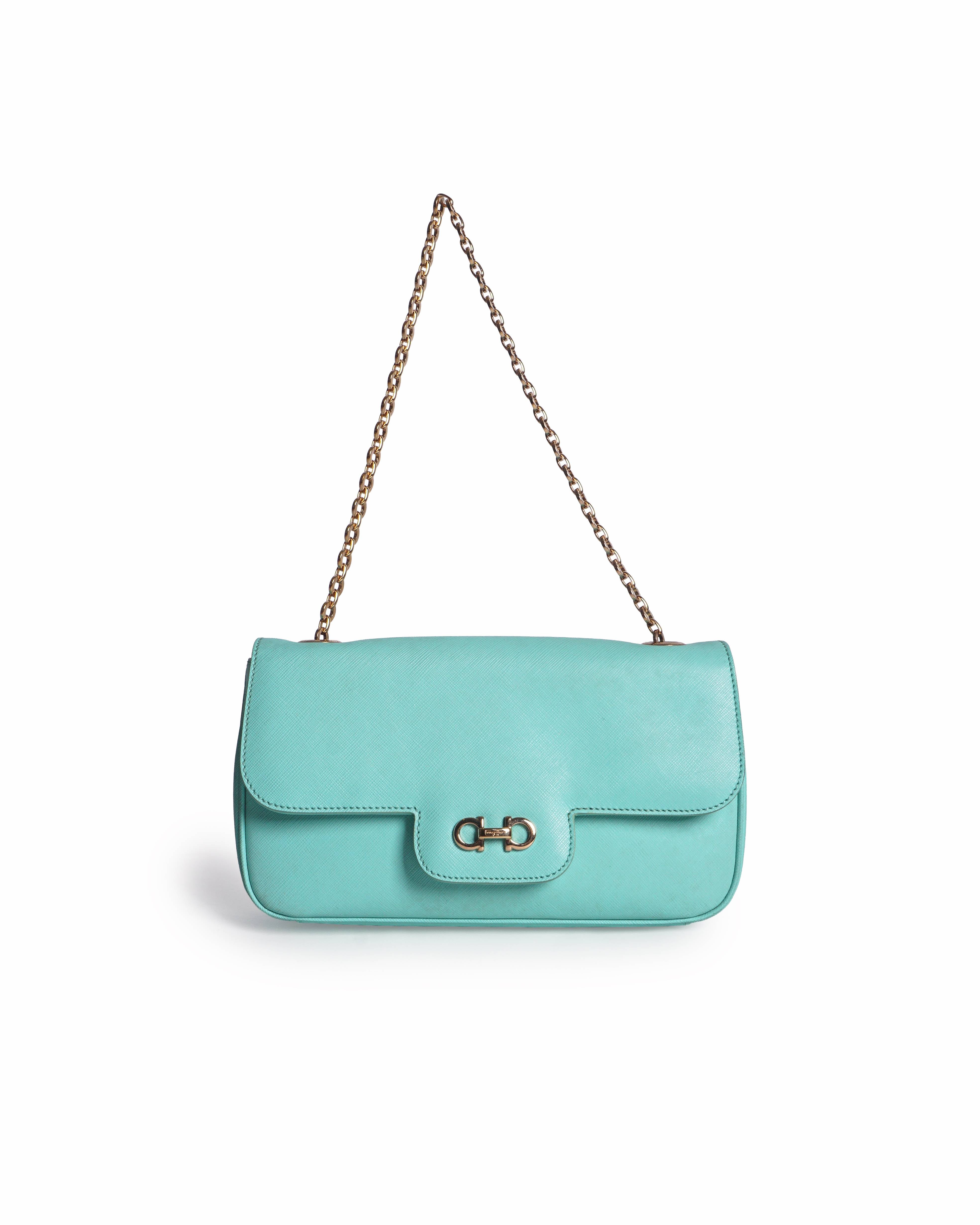 Salvatore Ferragamo Gancini Mint Saffiano Leather Chain Bag