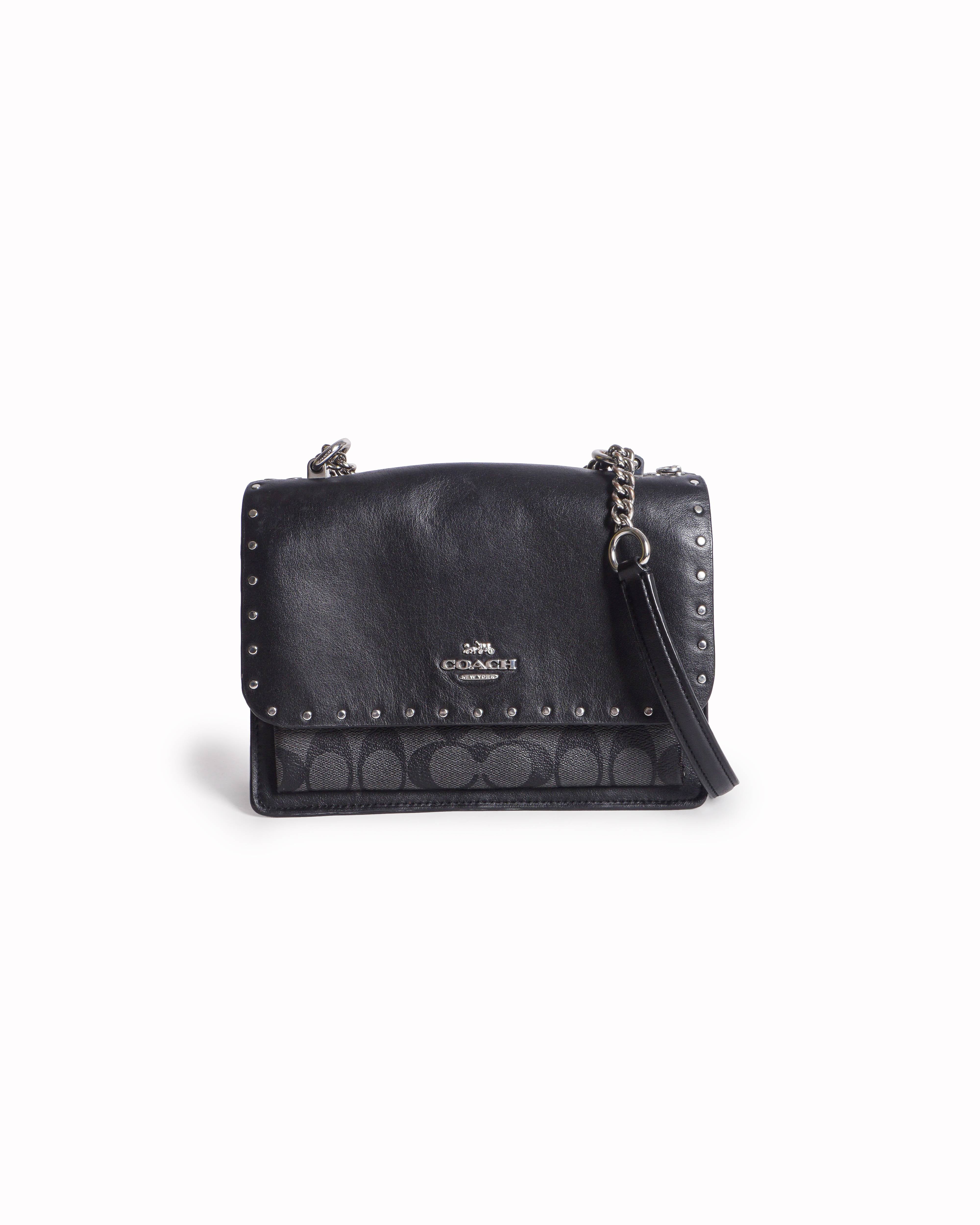 Coach Klare Black Studded Leather & Signature Canvas Crossbody Bag