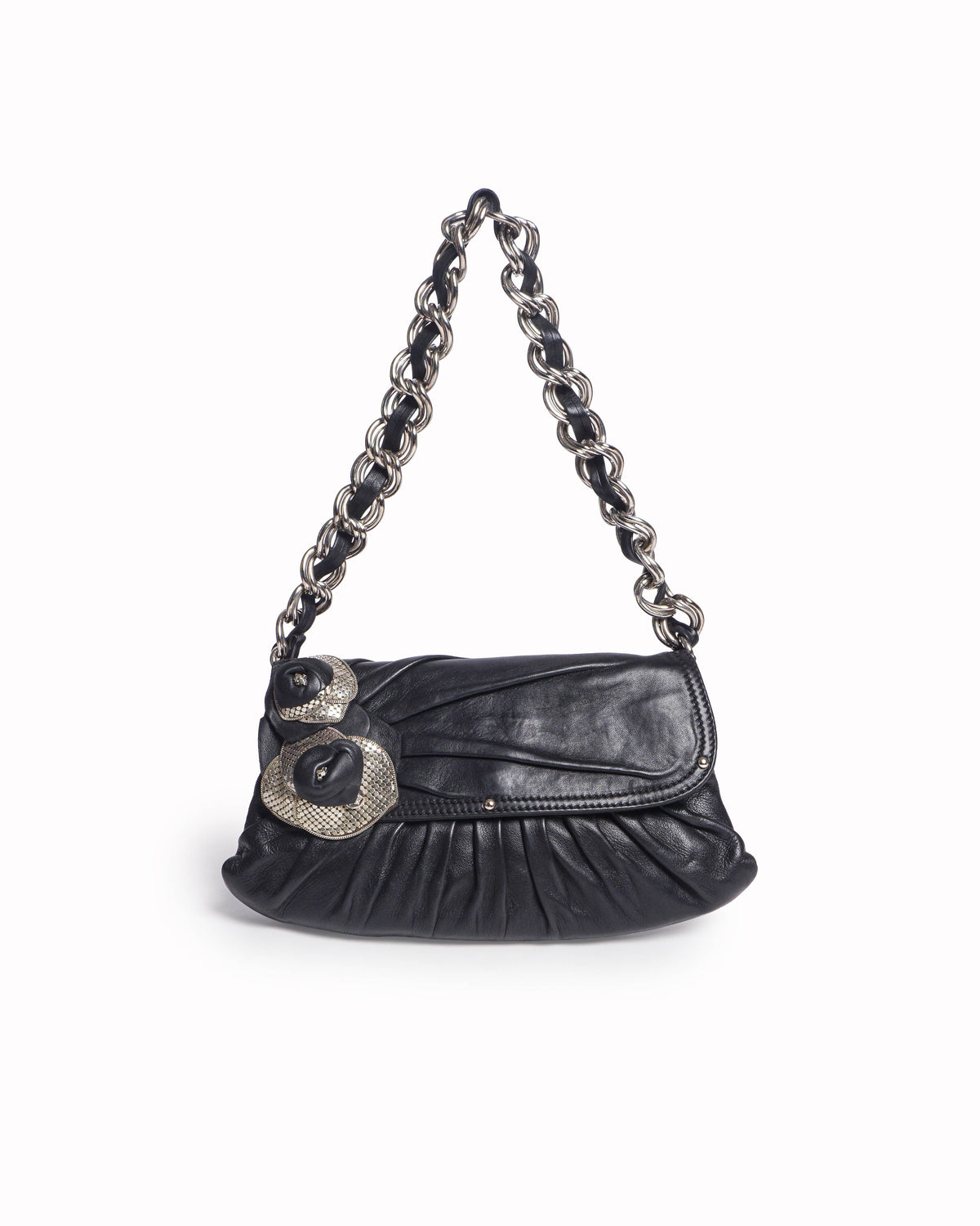 Versace Black Ruched Leather Chain Shoulder Bag