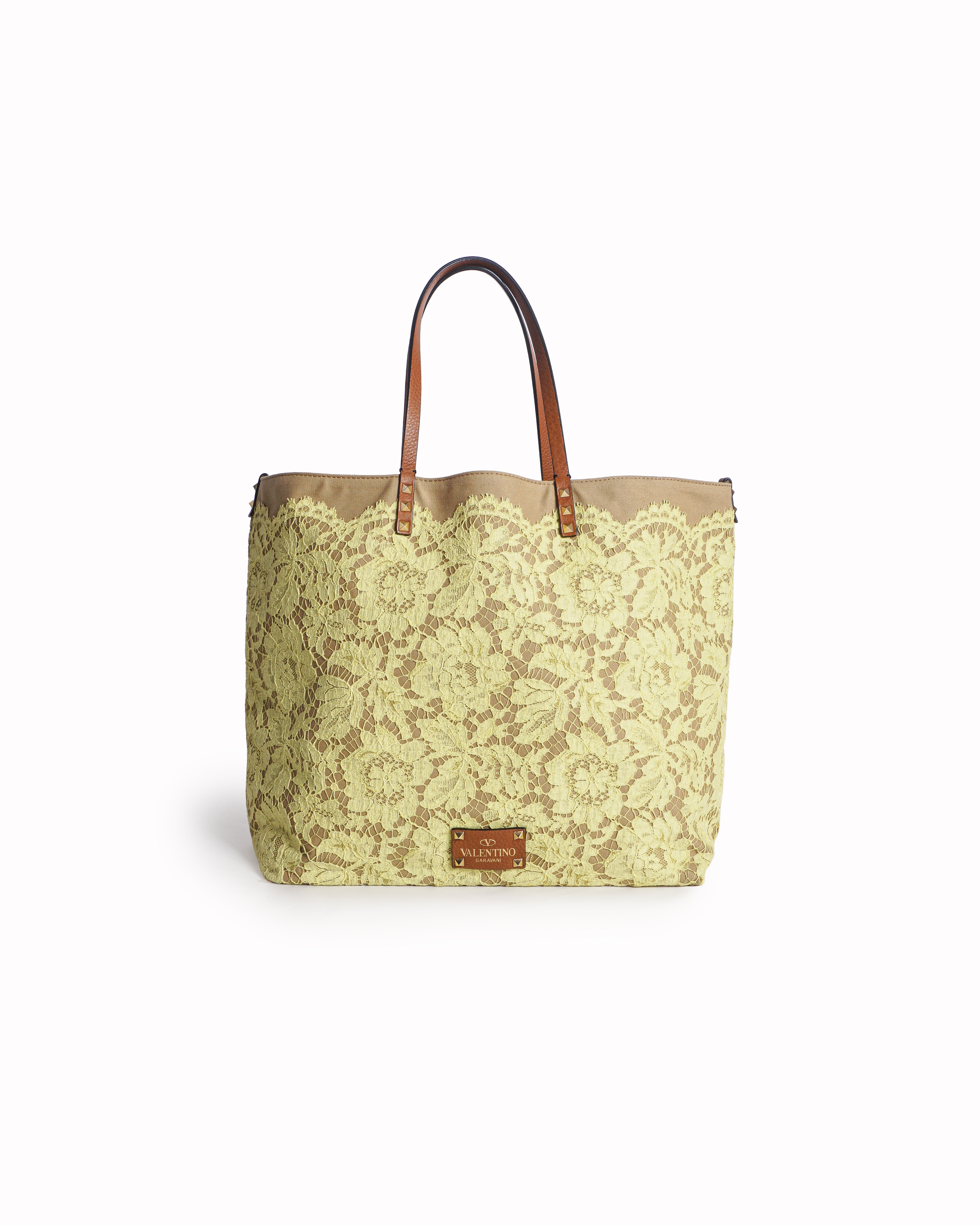 Valentino Garavani Yellow Lace & Leather Rockstud Tote Bag