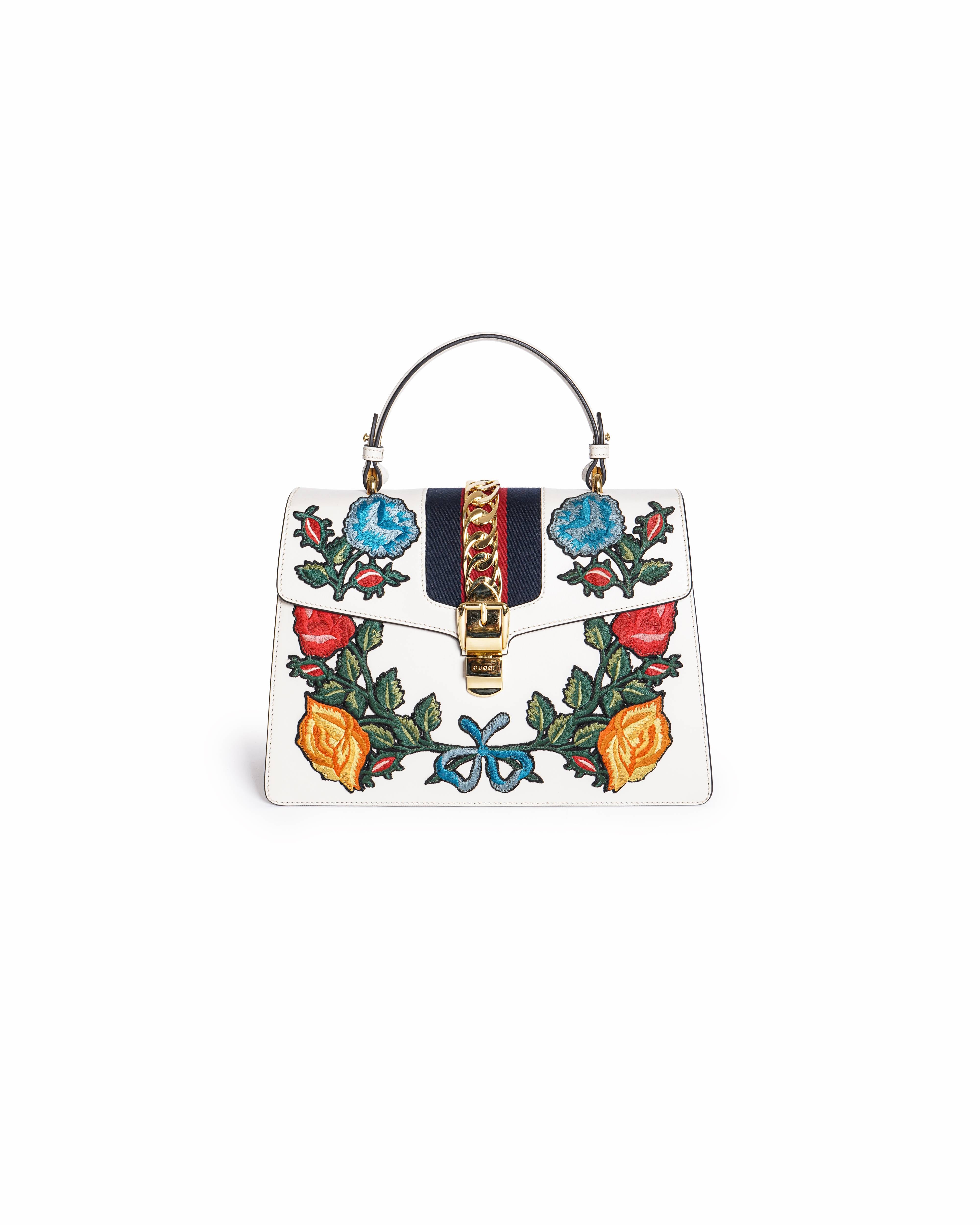 Gucci White Leather Floral Embroidered Medium Sylvie Top Handle Bag