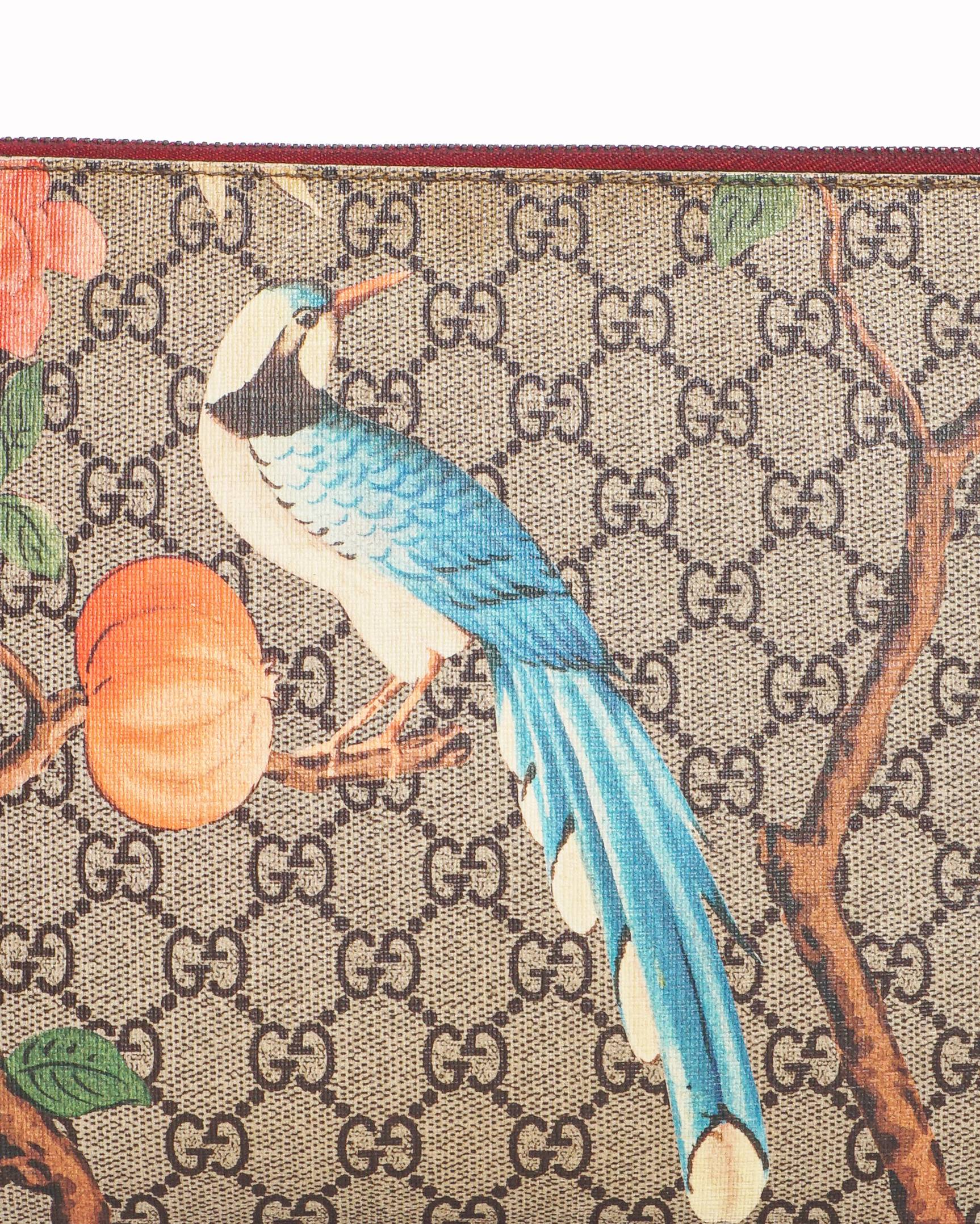 Gucci Tian GG Supreme Floral Bird Print Leather Zip Pouch
