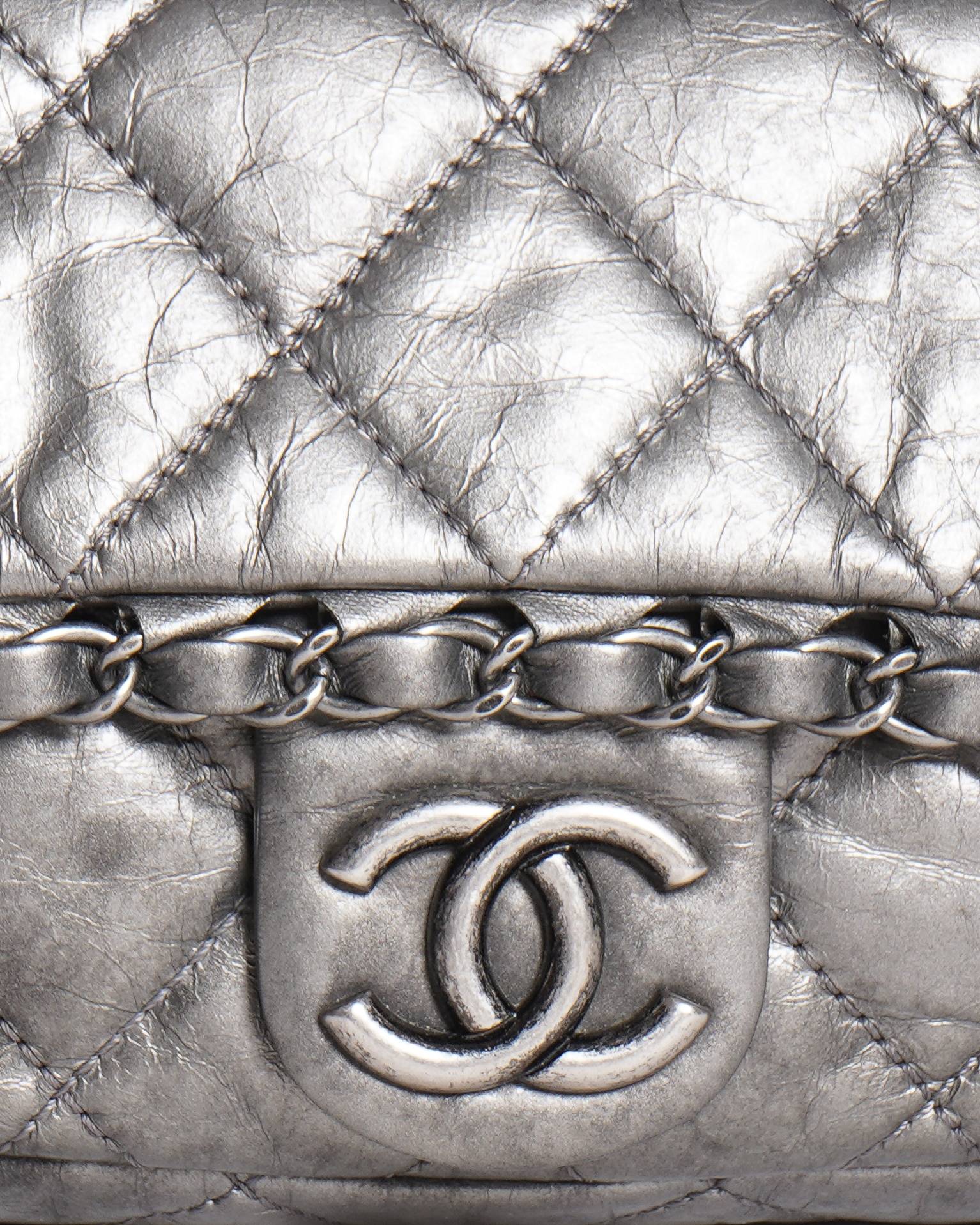 Chanel Metallic Silver Quilted Leather Chain Me Mini Flap Bag