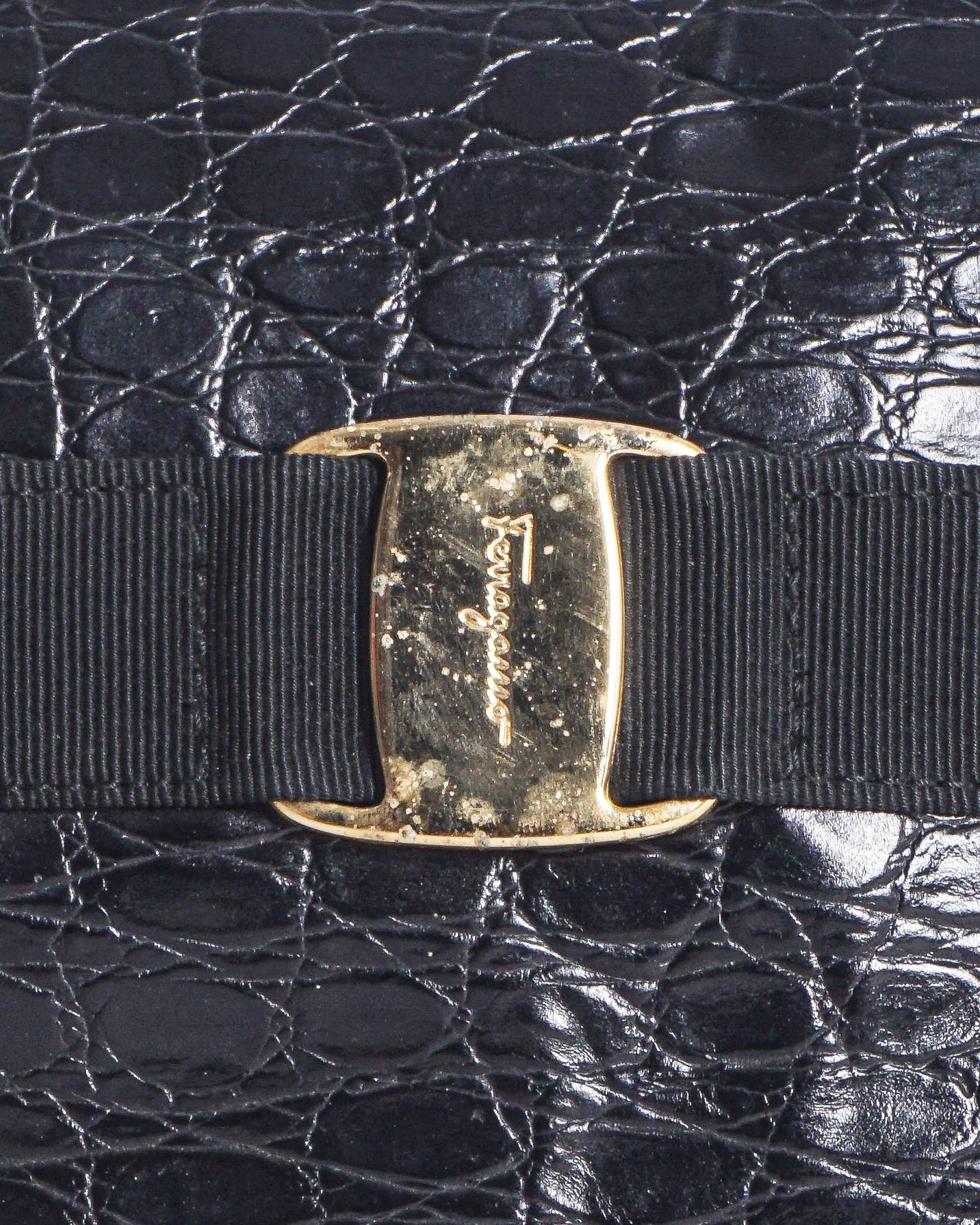 Salvatore Ferragamo Croc Embossed Vara Bow Top Handle Bag