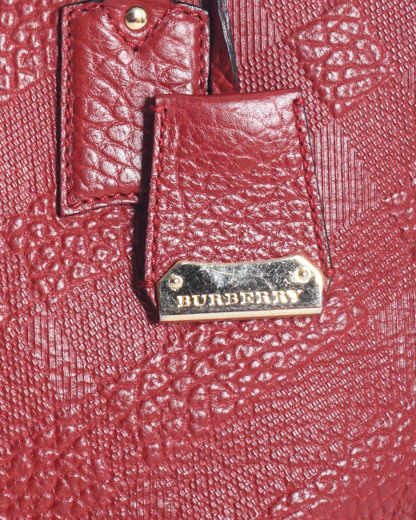 Burberry Red Embossed Check Grained Leather Dome Satchel Bag