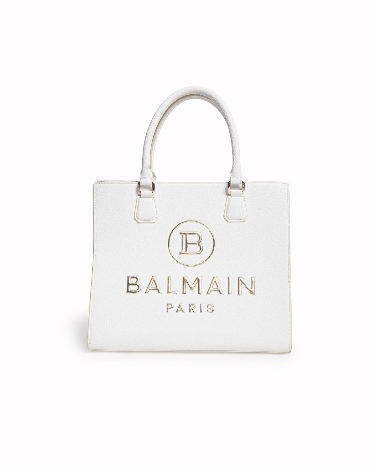 Balmain White Grain Leather Logo Top Handle Tote