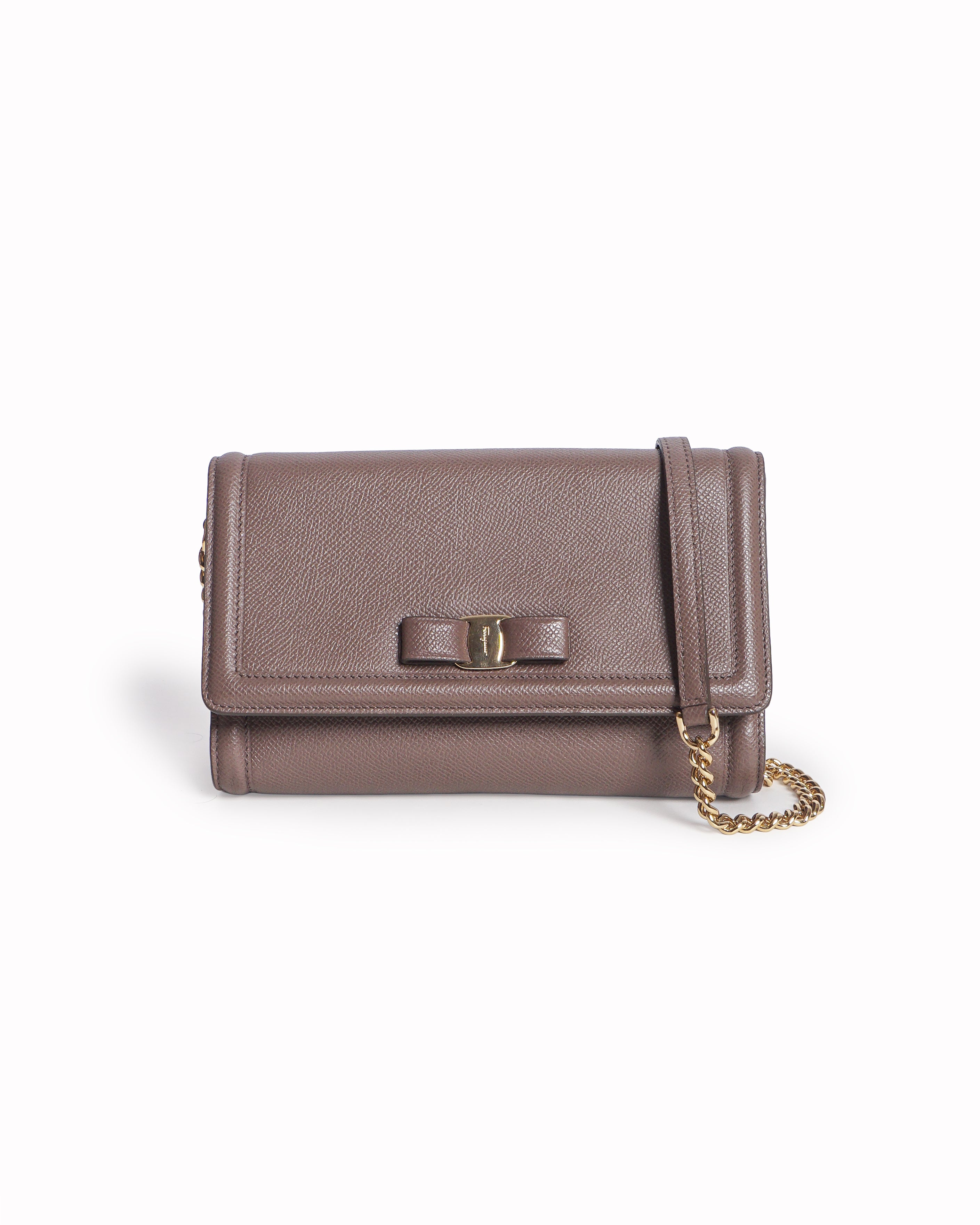 Salvatore Ferragamo Taupe Saffiano Leather Vara Bow Ginny Crossbody Bag