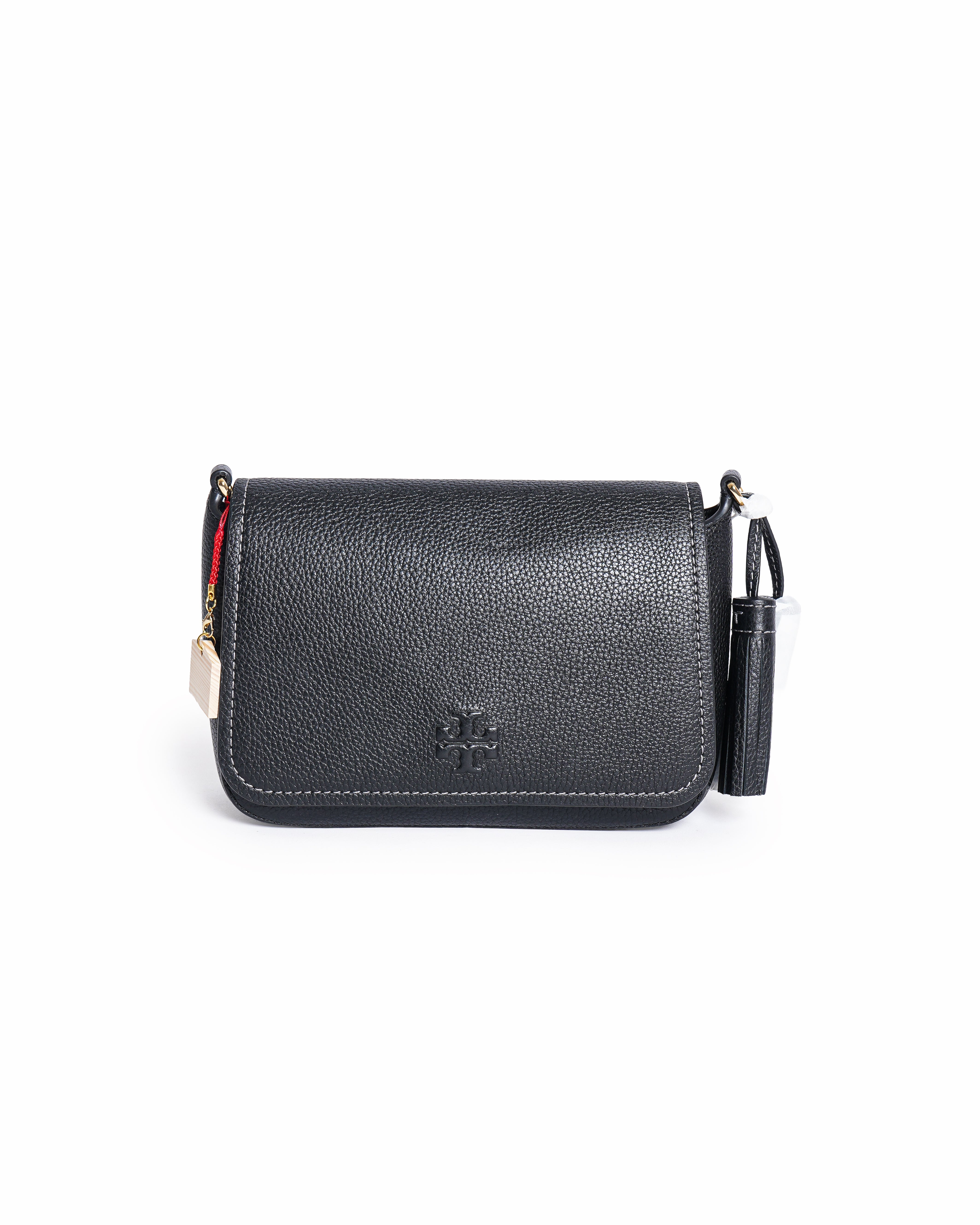Tory Burch Thea Black Pebbled Leather Flap Crossbody Bag