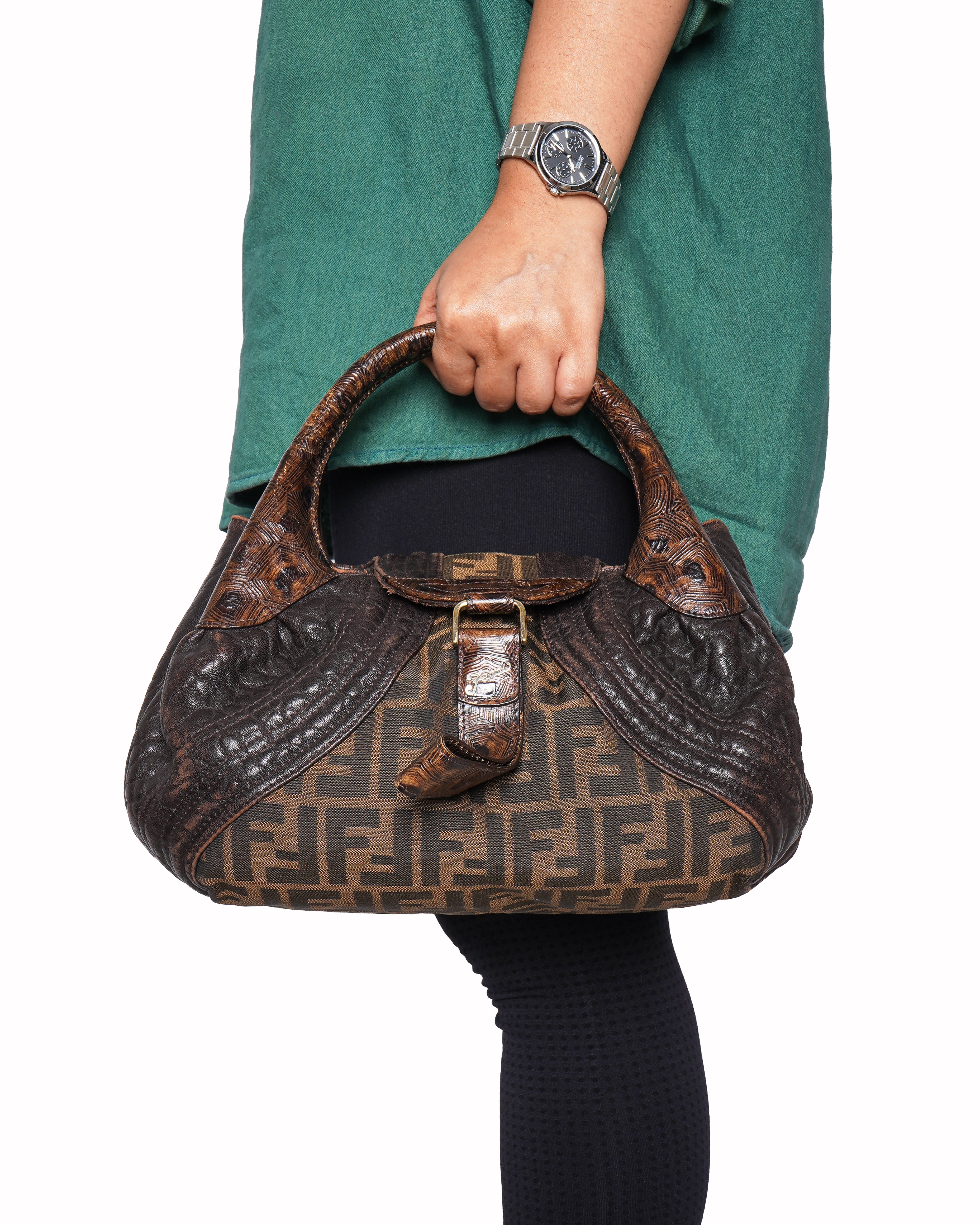 Fendi Tobacco Zucca Print and Tortuga Leather Baby Spy Bag