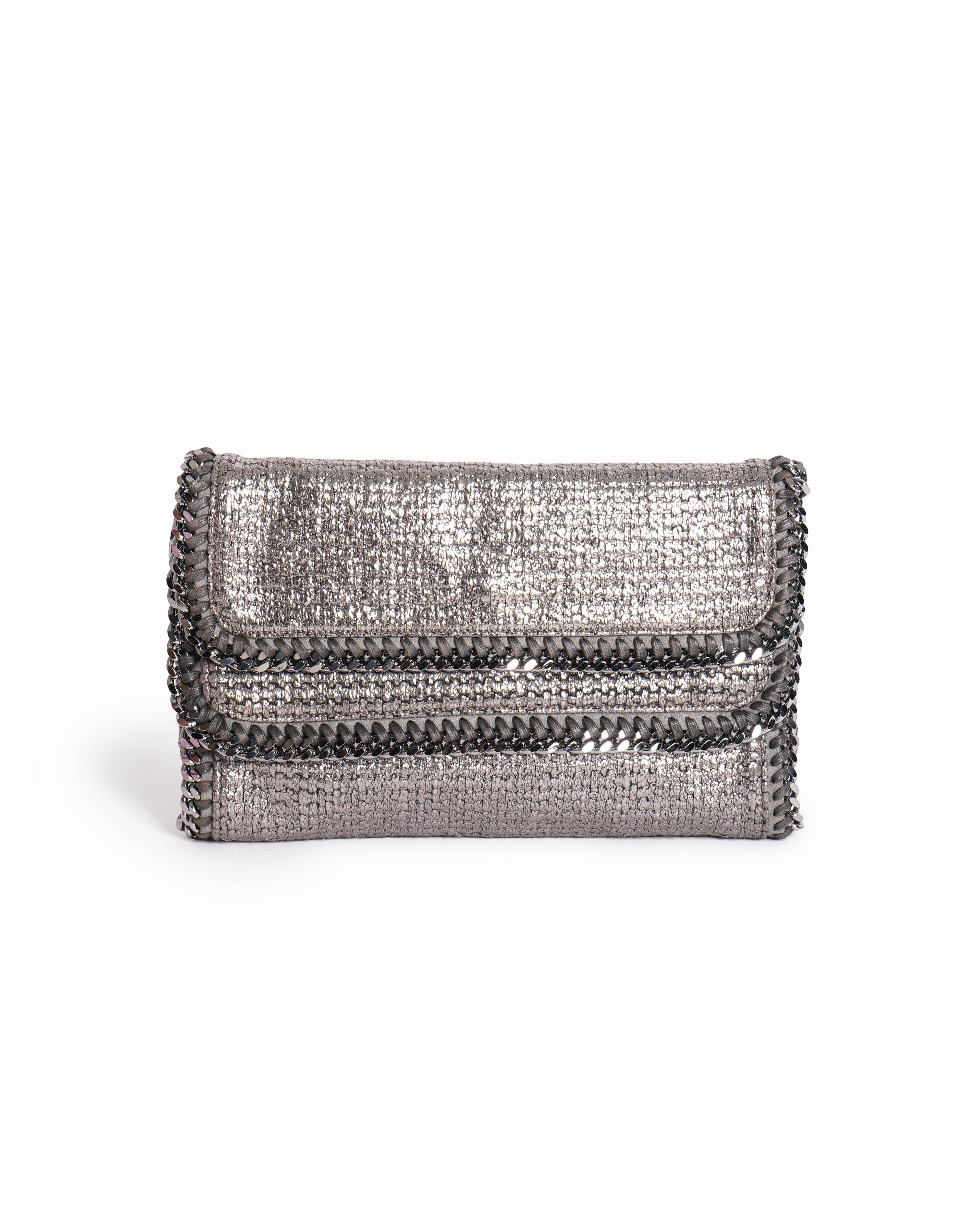 Stella Mccartney metallic grey woven falabella fold over clutch