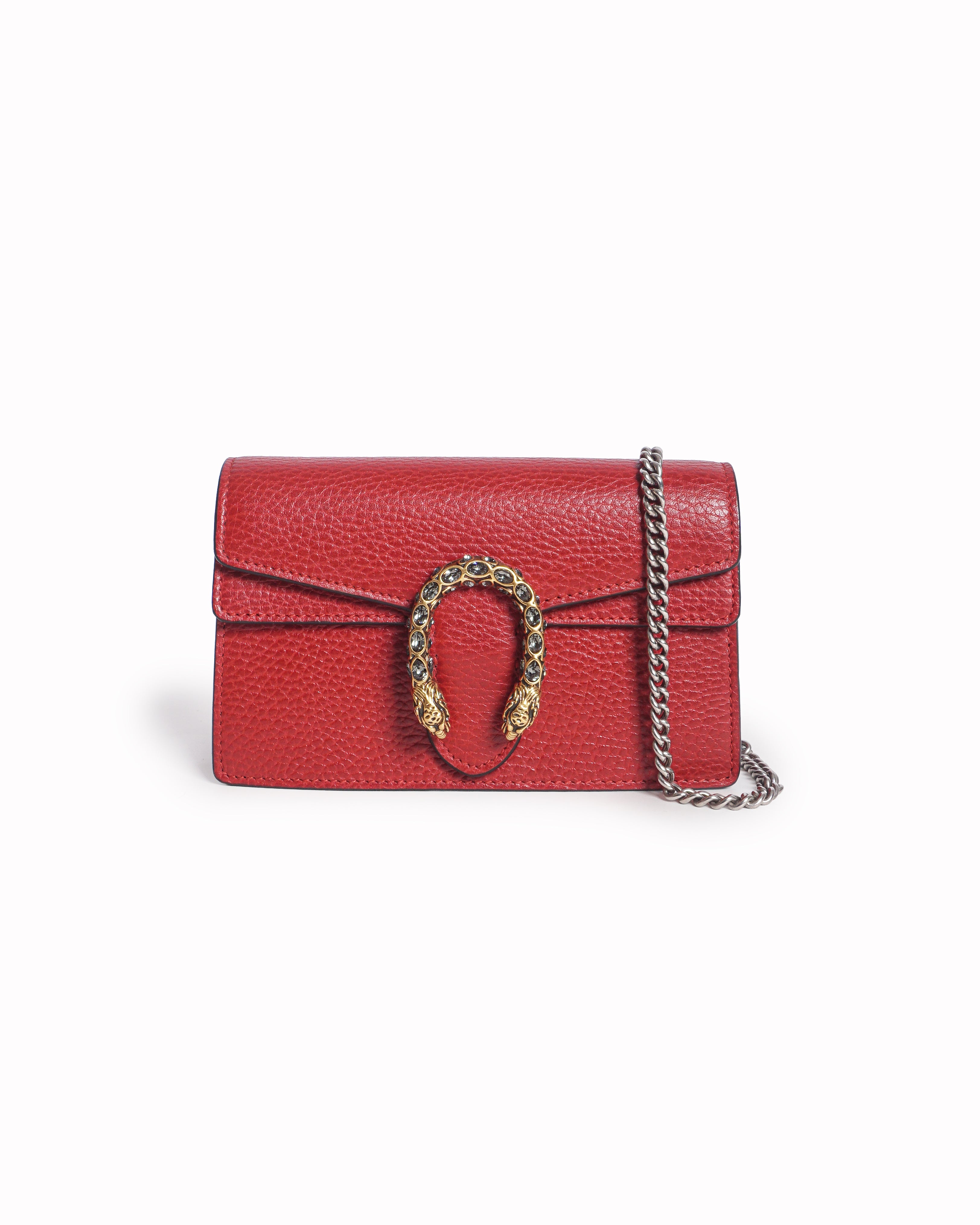 Gucci Red Pebbled Leather Dionysus Chain Wallet