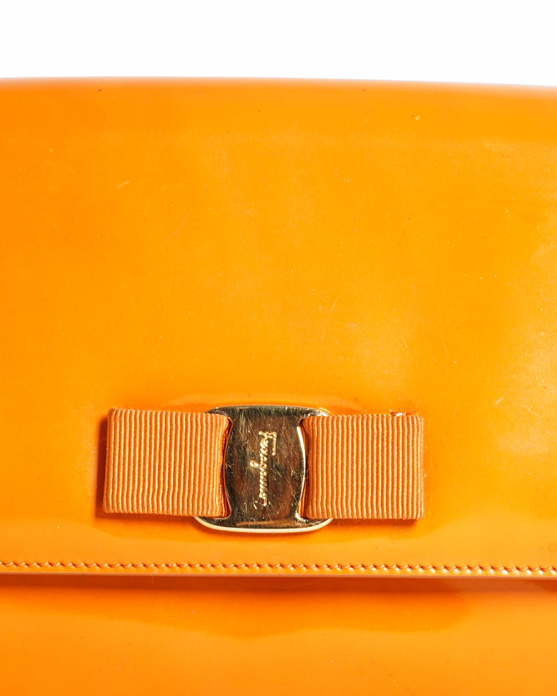 Salvatore Ferragamo Vara Bow Flap Bag in Orange Patent Leather