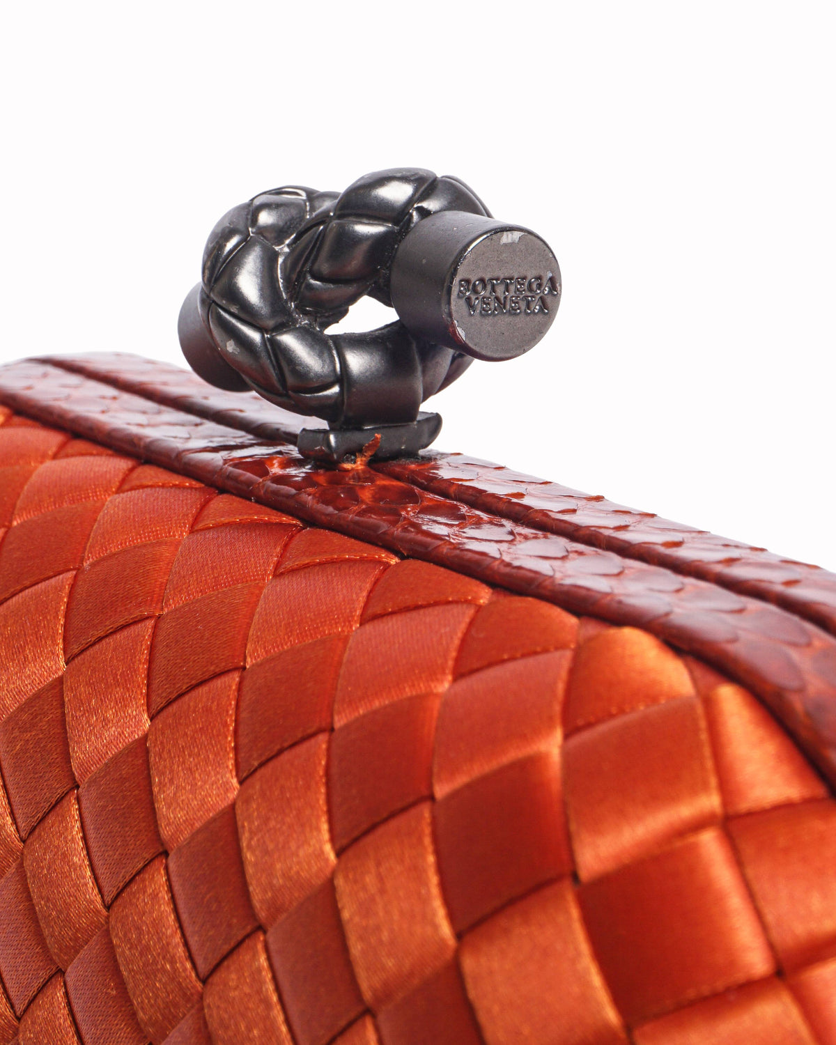 Bottega Veneta Knot Clutch Orange Intrecciato Satin