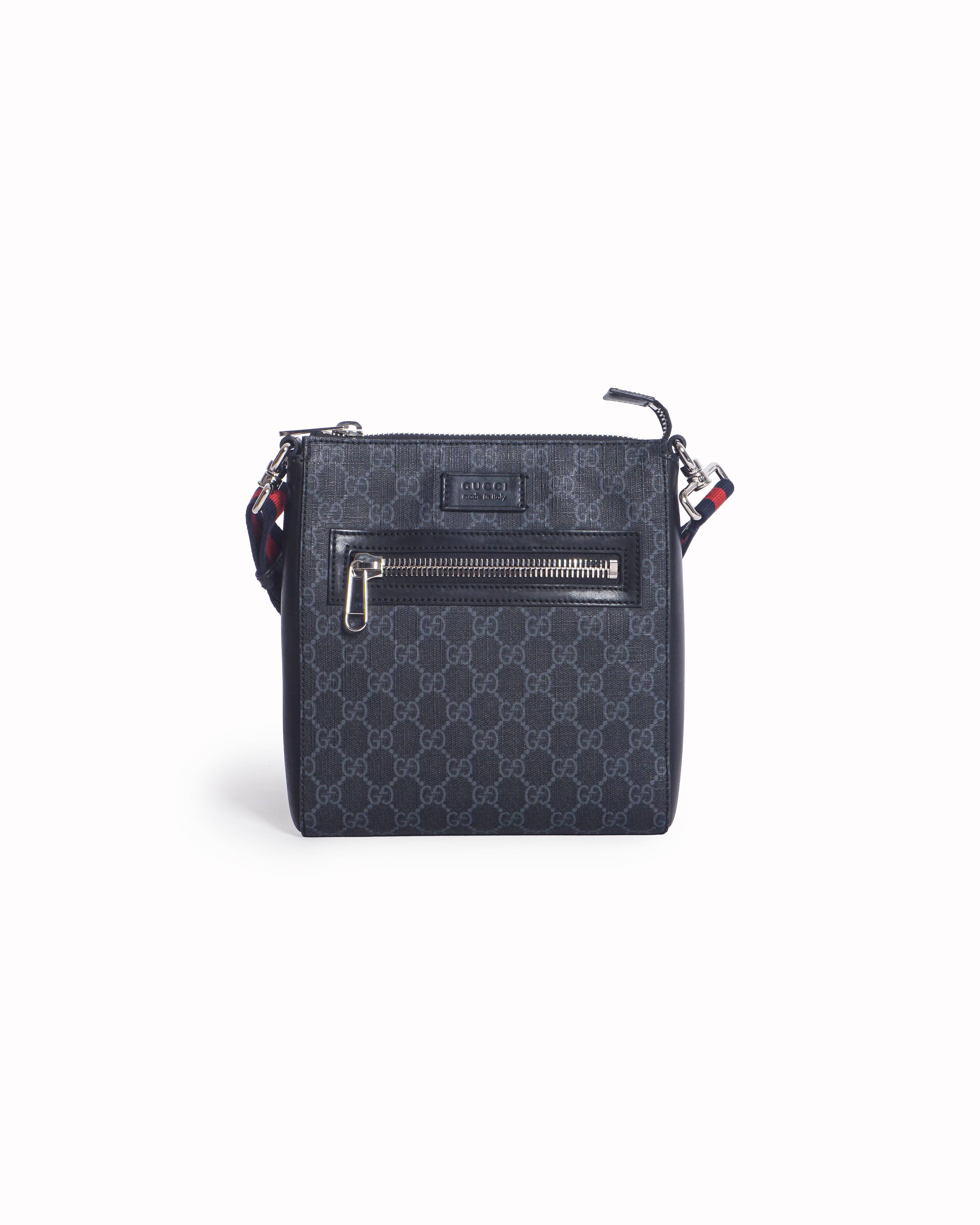 Gucci Black & Grey GG Supreme Web Stripe Messenger Bag
