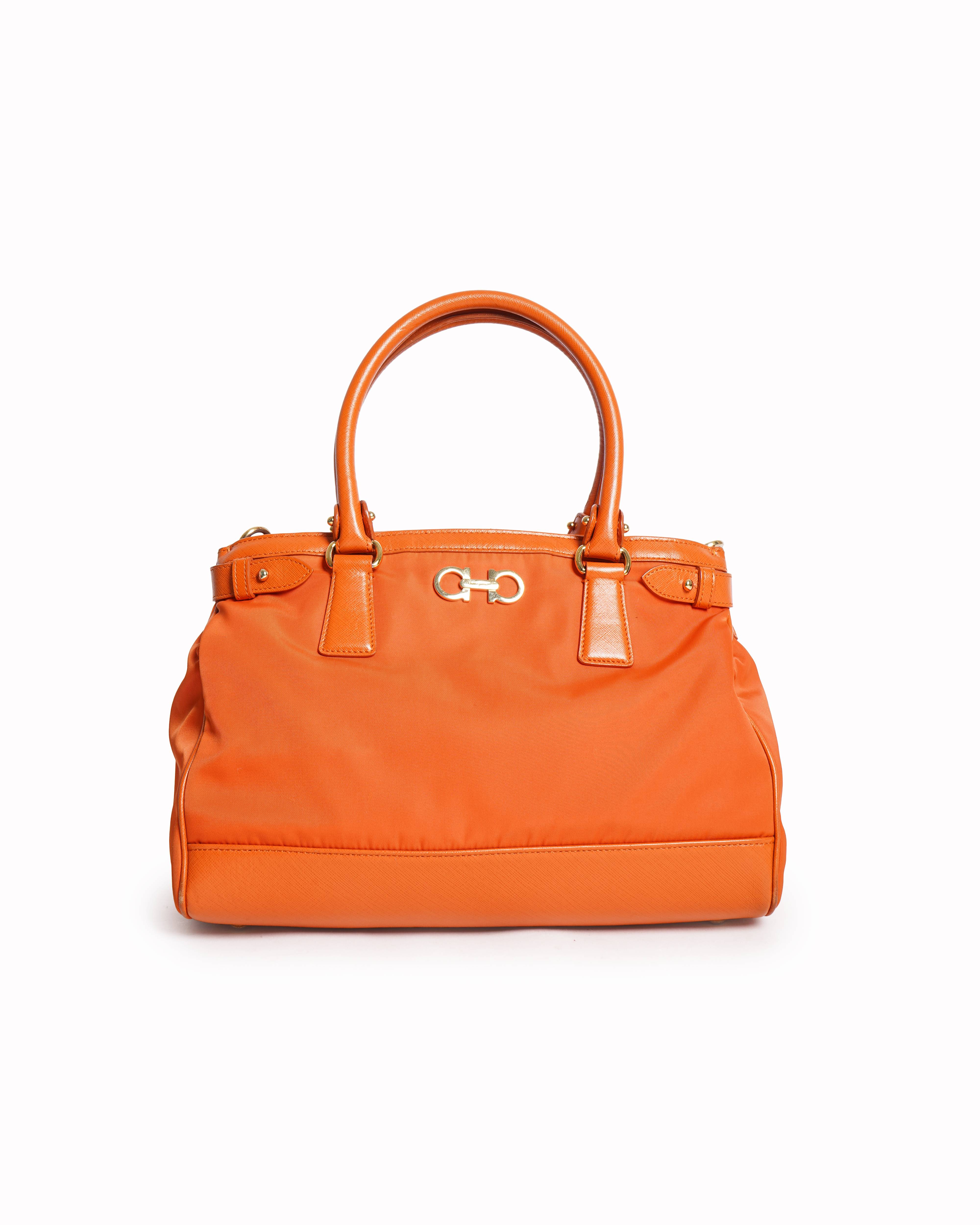Salvatore Ferragamo orange nylon leather gancini tote bag