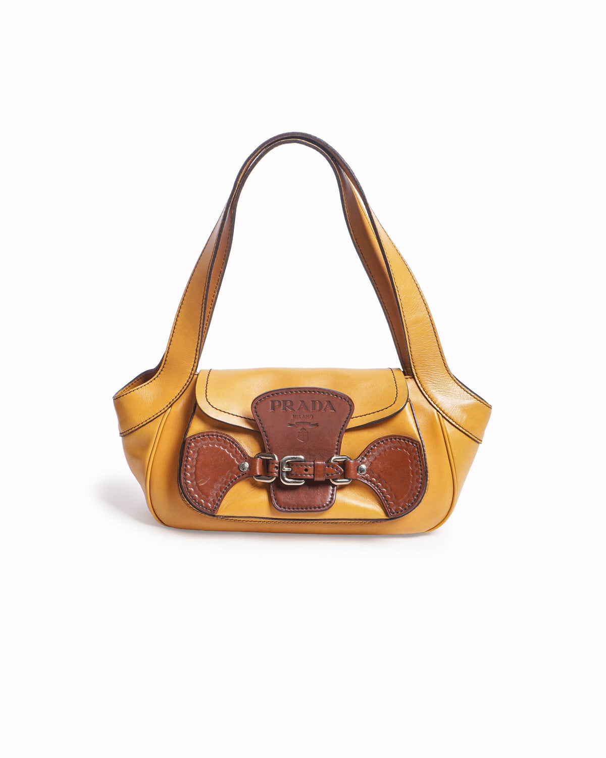 Prada Mustard Yellow Vitello Leather Buckle Shoulder Bag