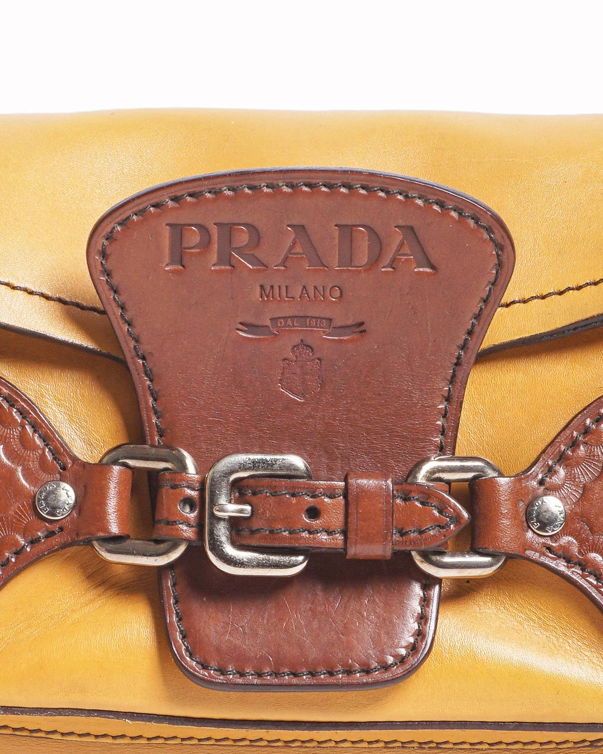 Prada Mustard Yellow Vitello Leather Buckle Shoulder Bag