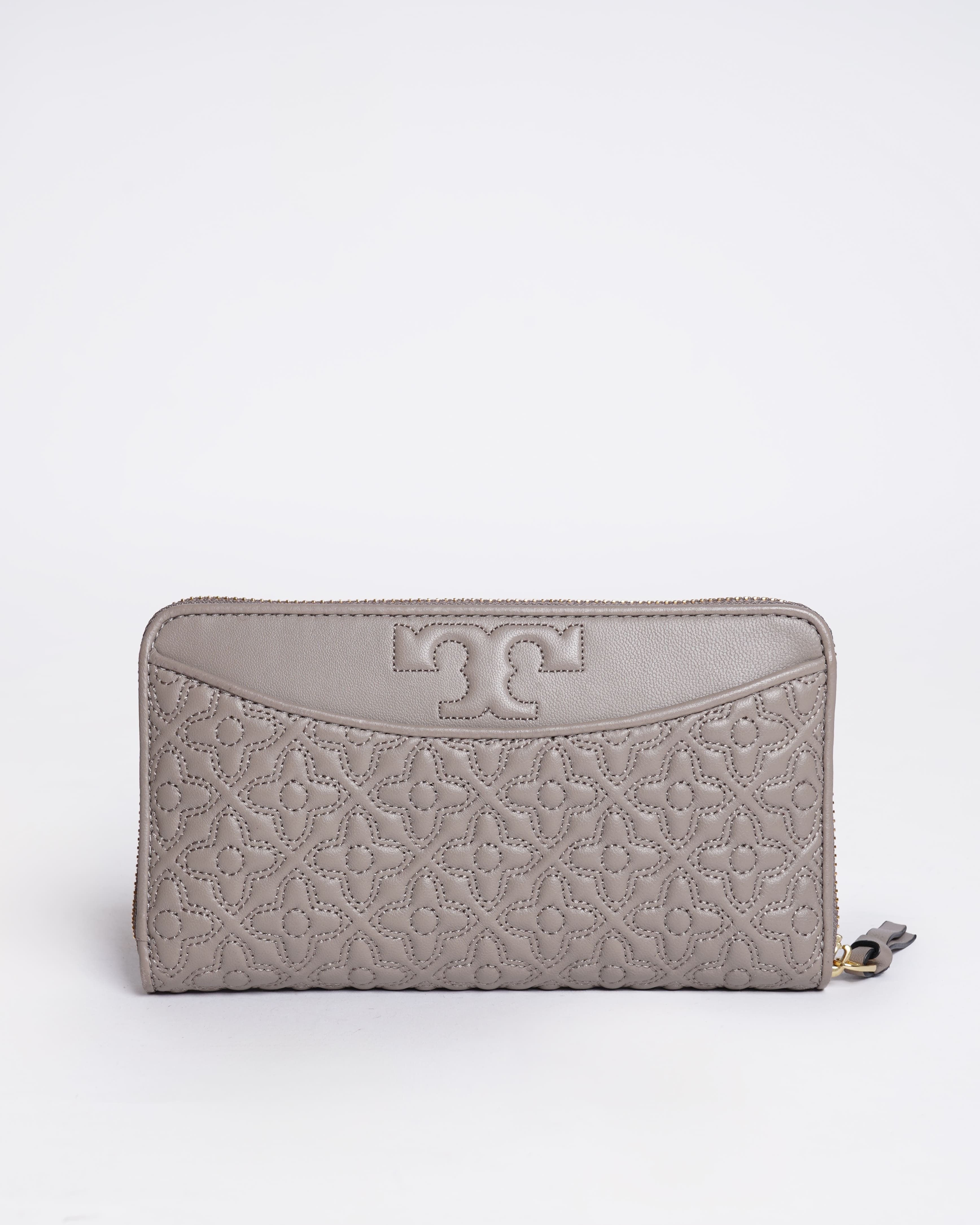 Tory burch bryant zip leather wallet in grey