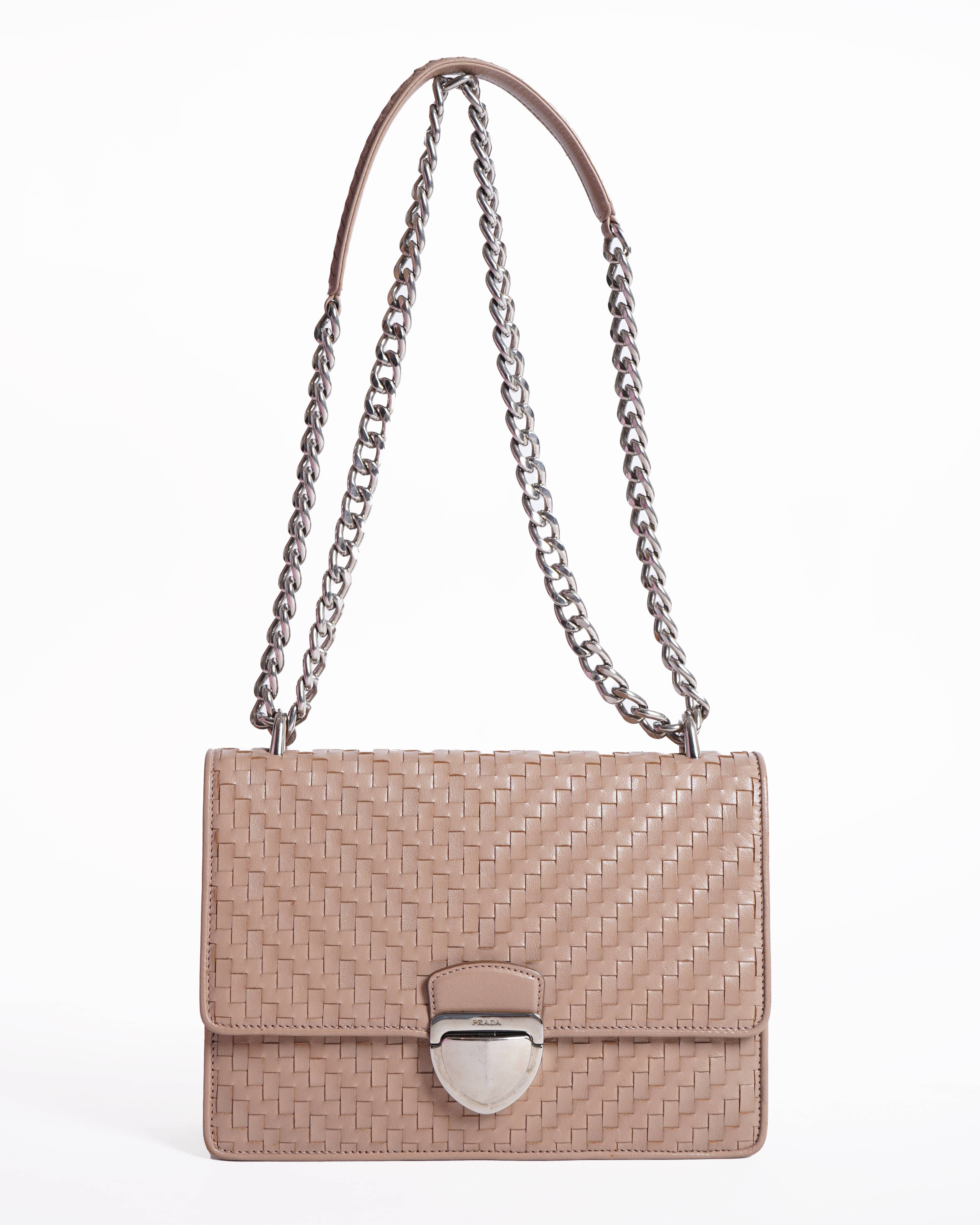 Prada Beige Madras Woven Leather Chain Flap Bag