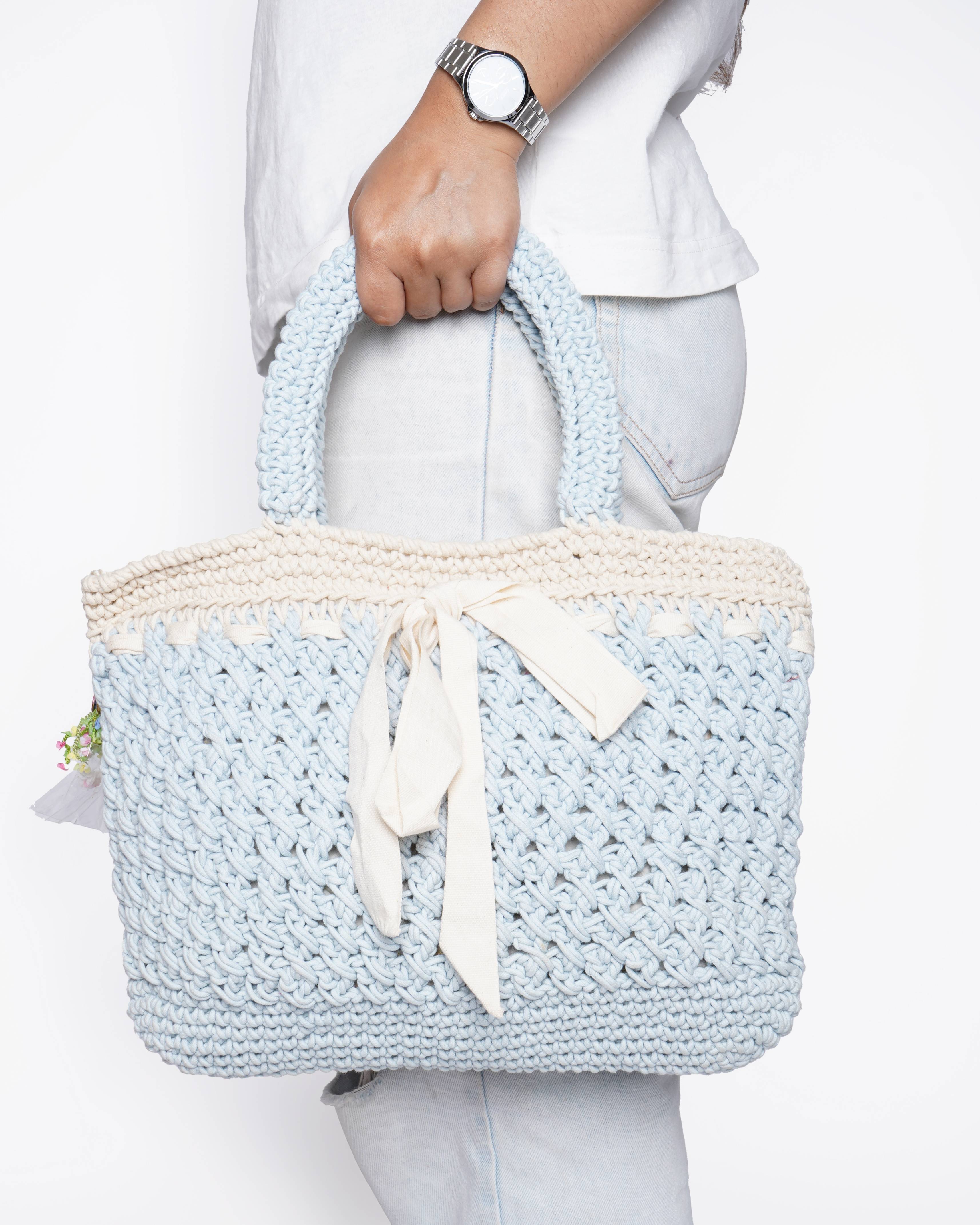 New Pero Crochet Floral Tote Bag In Blue