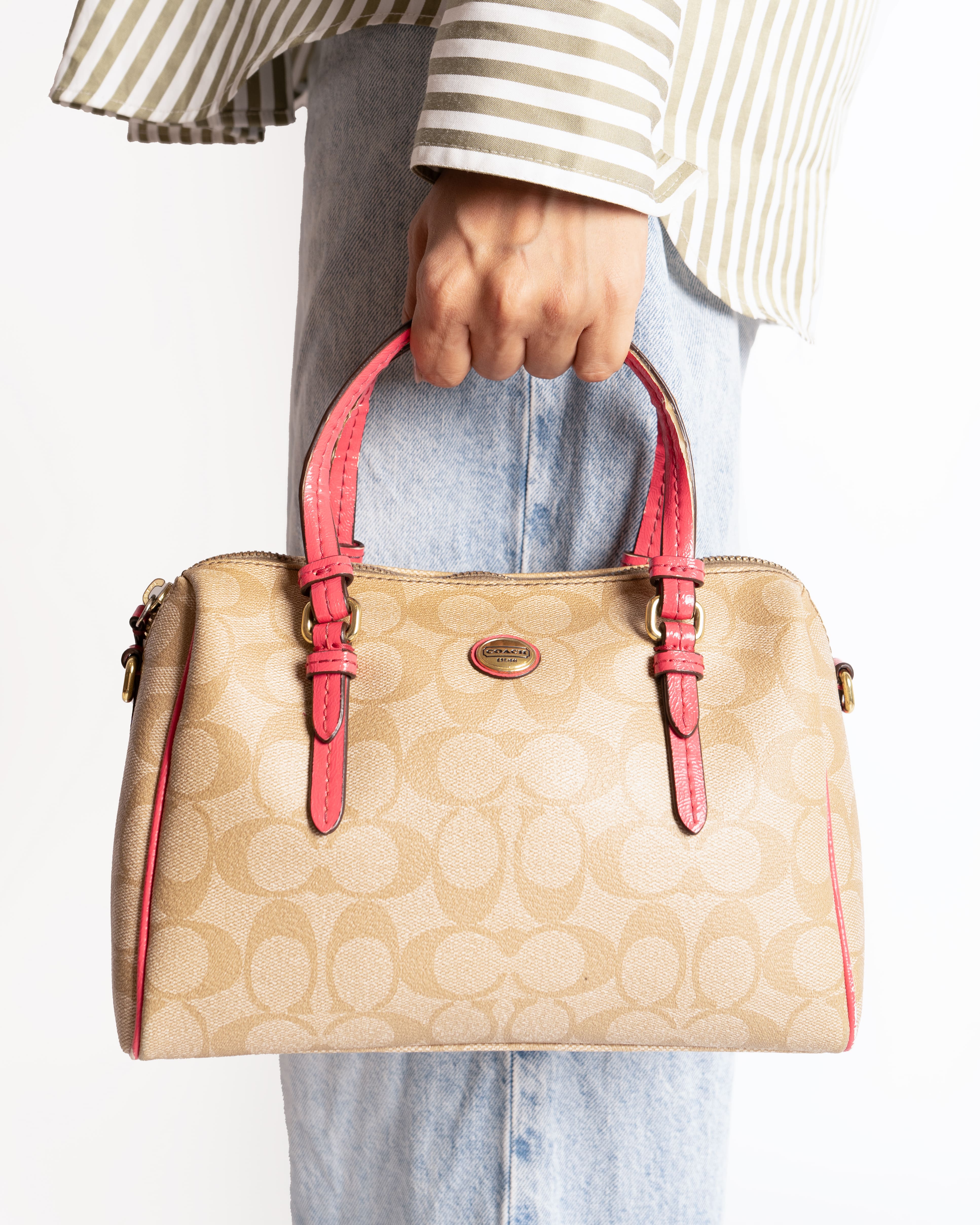 Coach Signature Canvas Handbag with Pink Leather Trim