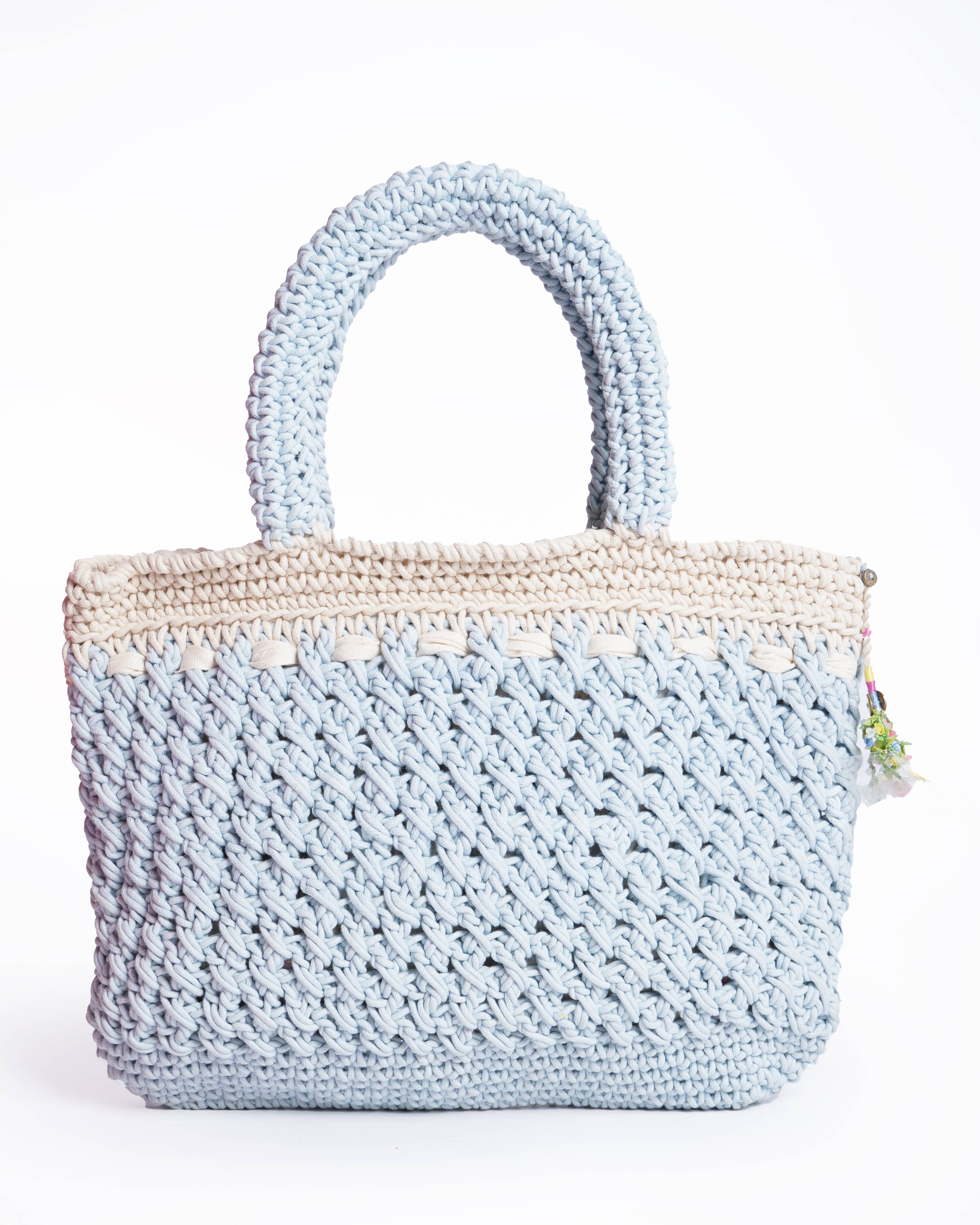 New Pero Crochet Floral Tote Bag In Blue