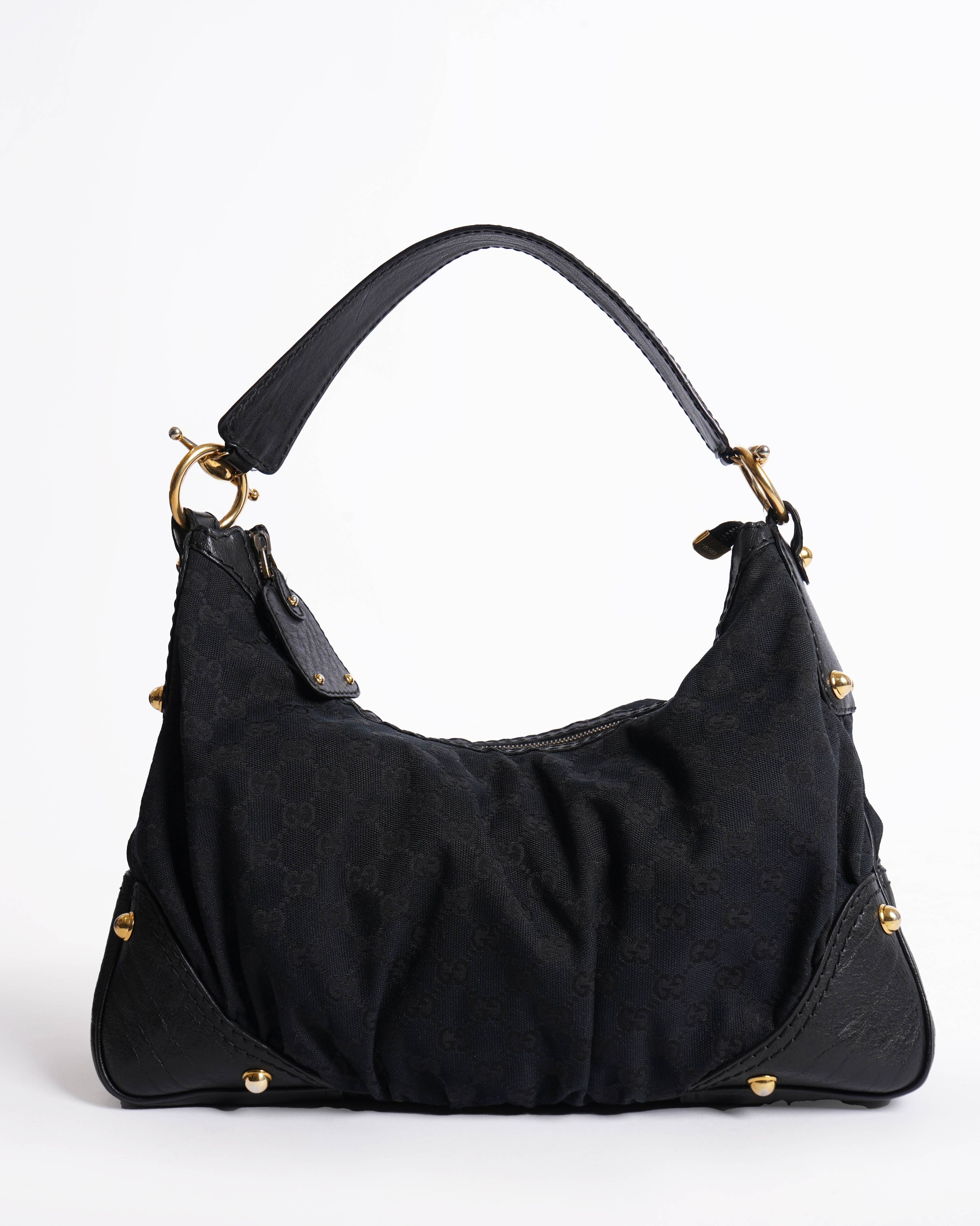 Gucci Monogram Black Shoulder Bag In Canvas & Leather