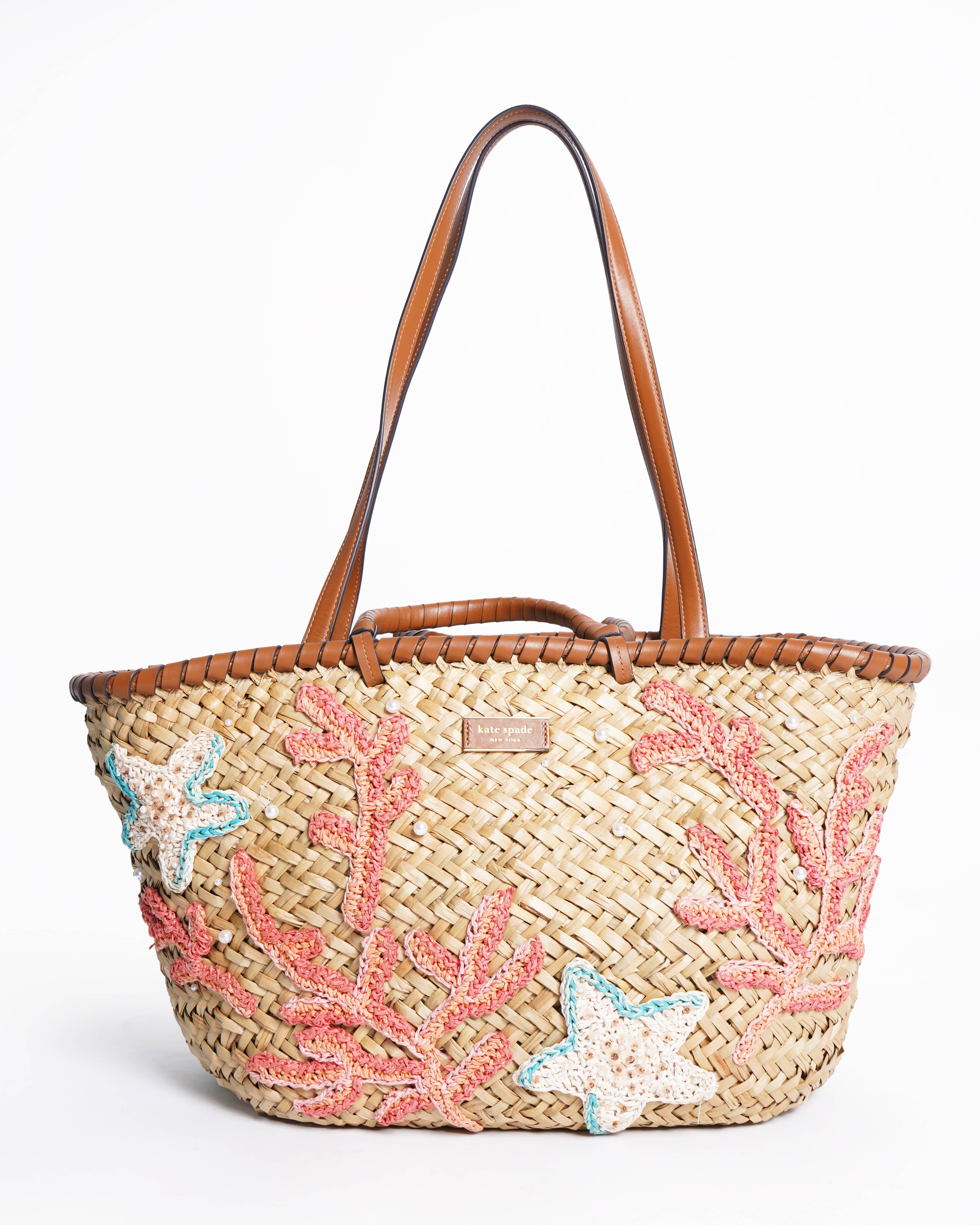 Kate spade what the shell embellished straw large tote bag