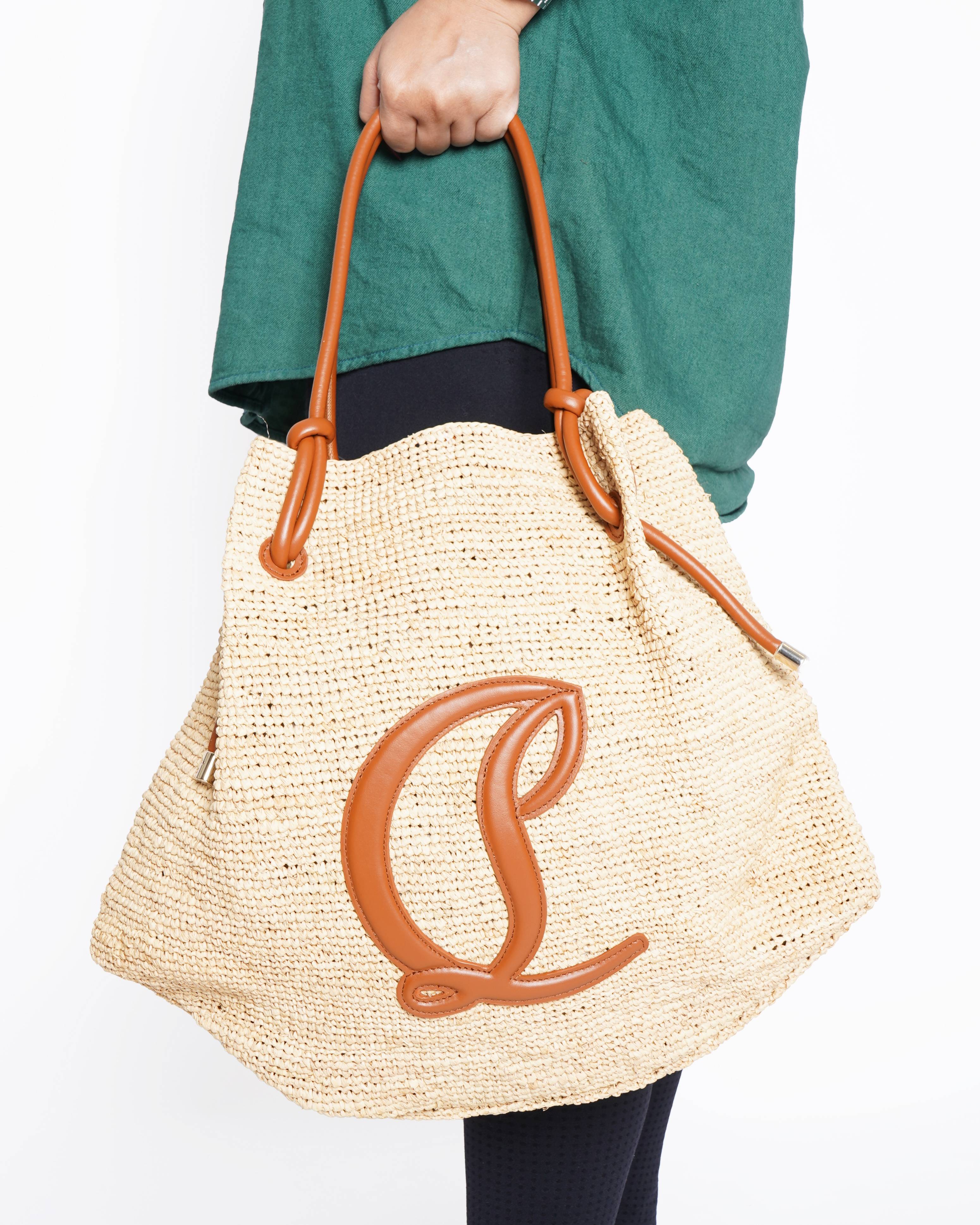 New Christian Louboutin By My Side Leather Raffia Tote Bag