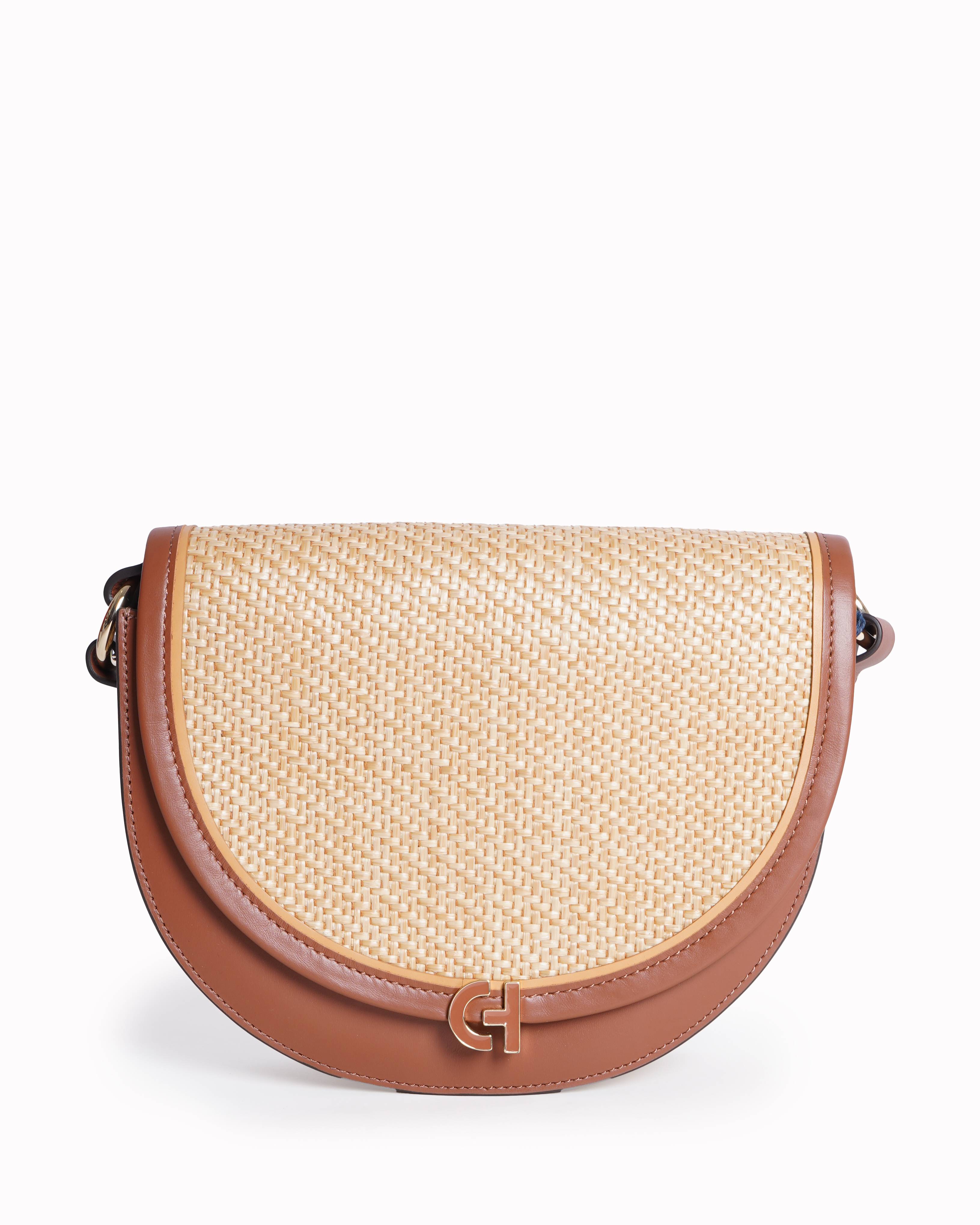 Cole Haan Natural Straw & Tan Leather Evie Saddle Bag
